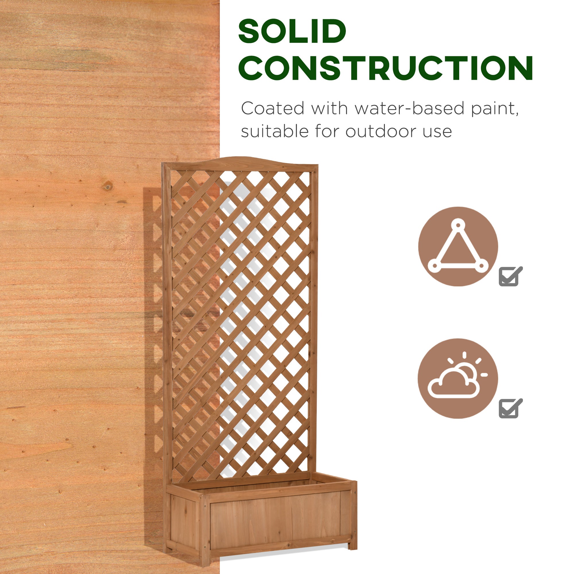 Garden Wooden Planter Box with Trellis Free Standing Flower Raised Bed with Lattice for Climbing Plants, 76cm x 36cm x 170cm, Brown