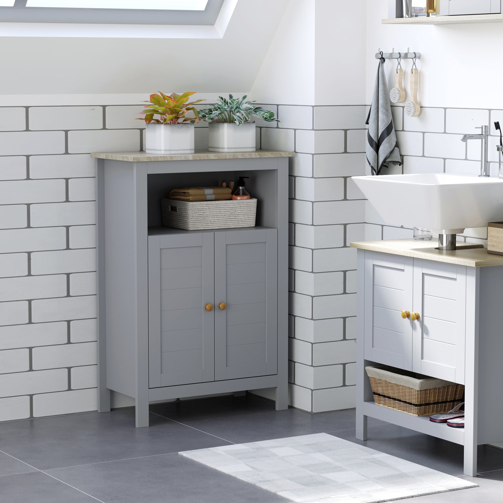 Bathroom Floor Storage Cabinet Free Standing Unit with Compartment Adjustable Shelf Double-door Design, Free Standing Organizer, Grey