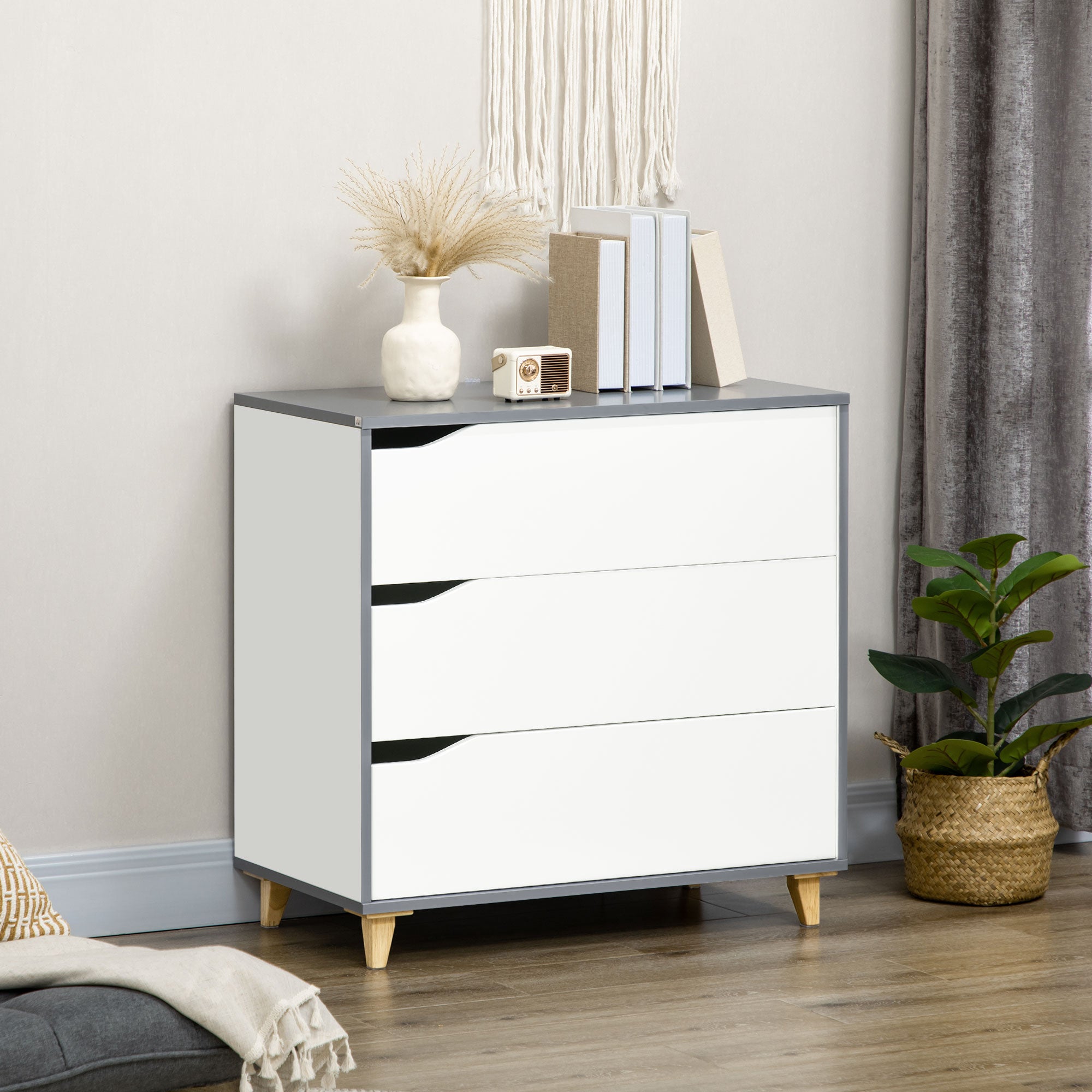 Drawer Chest, 3-Drawer Storage Cabinet Unit with Pine Wood Legs for Bedroom, Living Room, 75cmx42cmx75cm, White