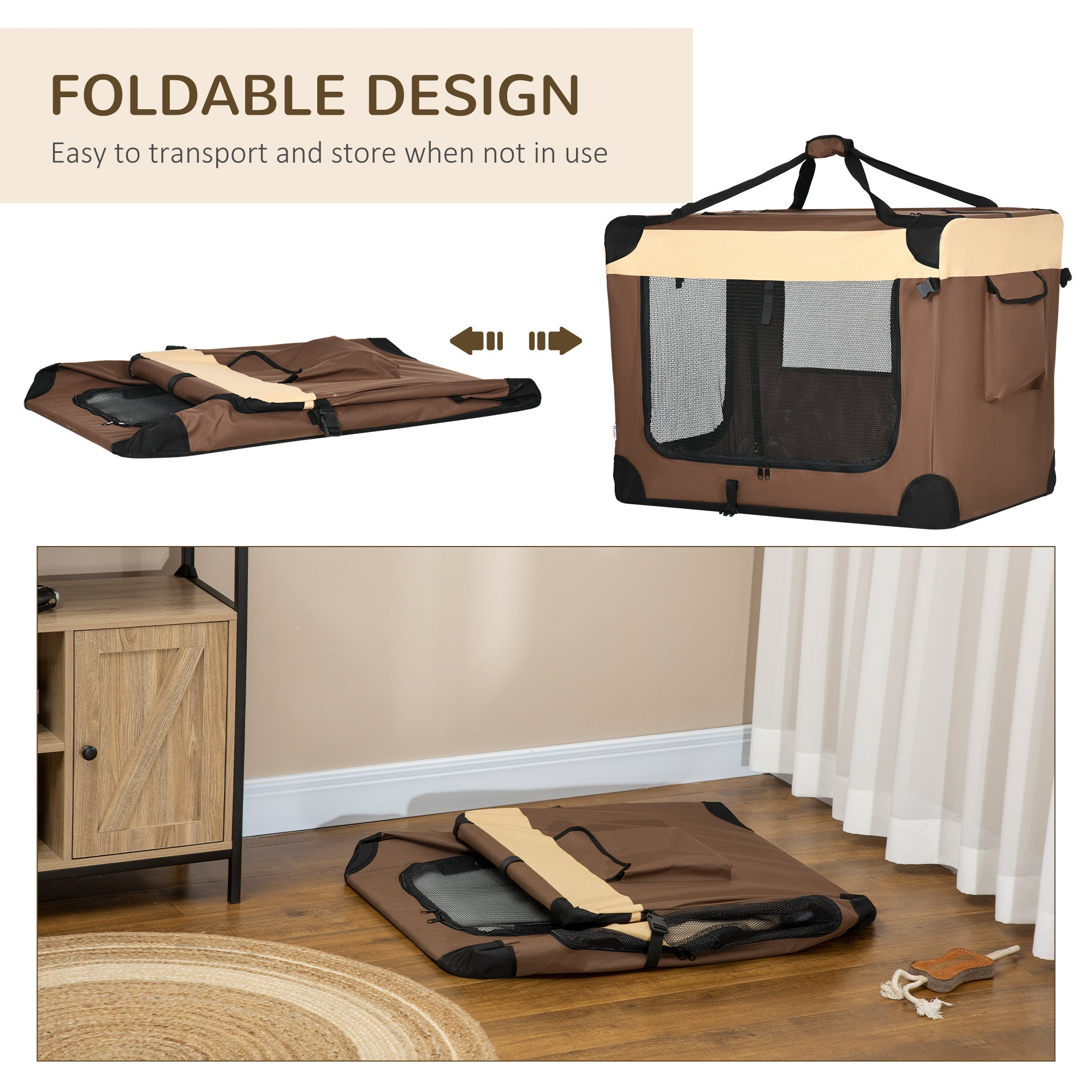 91cm Foldable Pet Carrier, with Cushion, for Medium Dogs and Cats - Brown