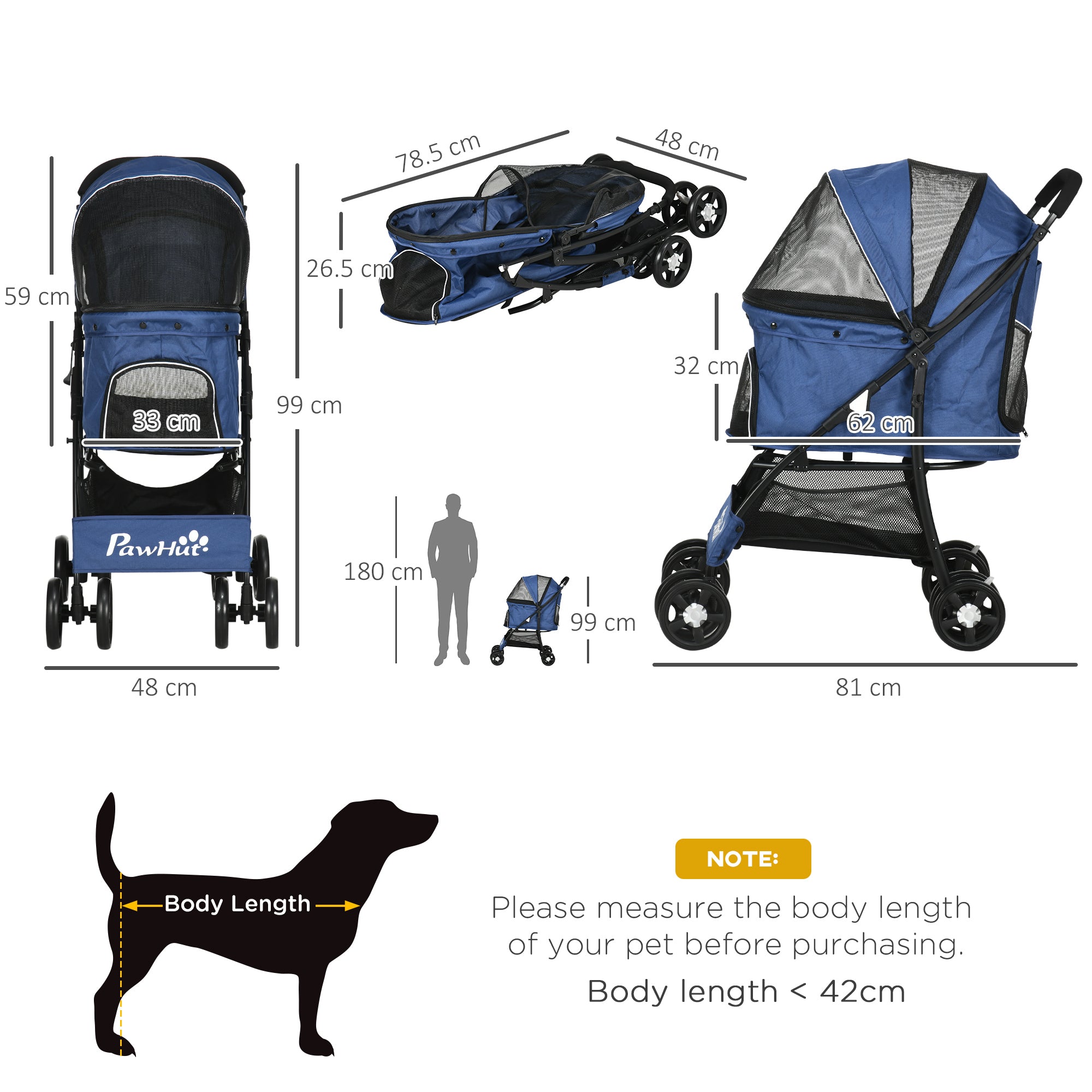 Pet Stroller, Dog Cat Travel Carriage, Foldable Carrying Bag with Large Carriage, Universal Wheels, Brake Canopy, Basket Storage Bag Dark Blue