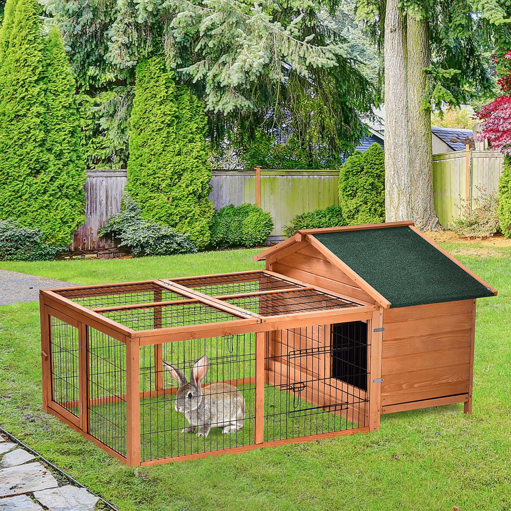 Wooden Rabbit Hutch Outdoor, Guinea Pig Hutch, Detachable Rabbit Cage w/Openable Run & Roof Lockable Door Slide-out Tray Golden Red