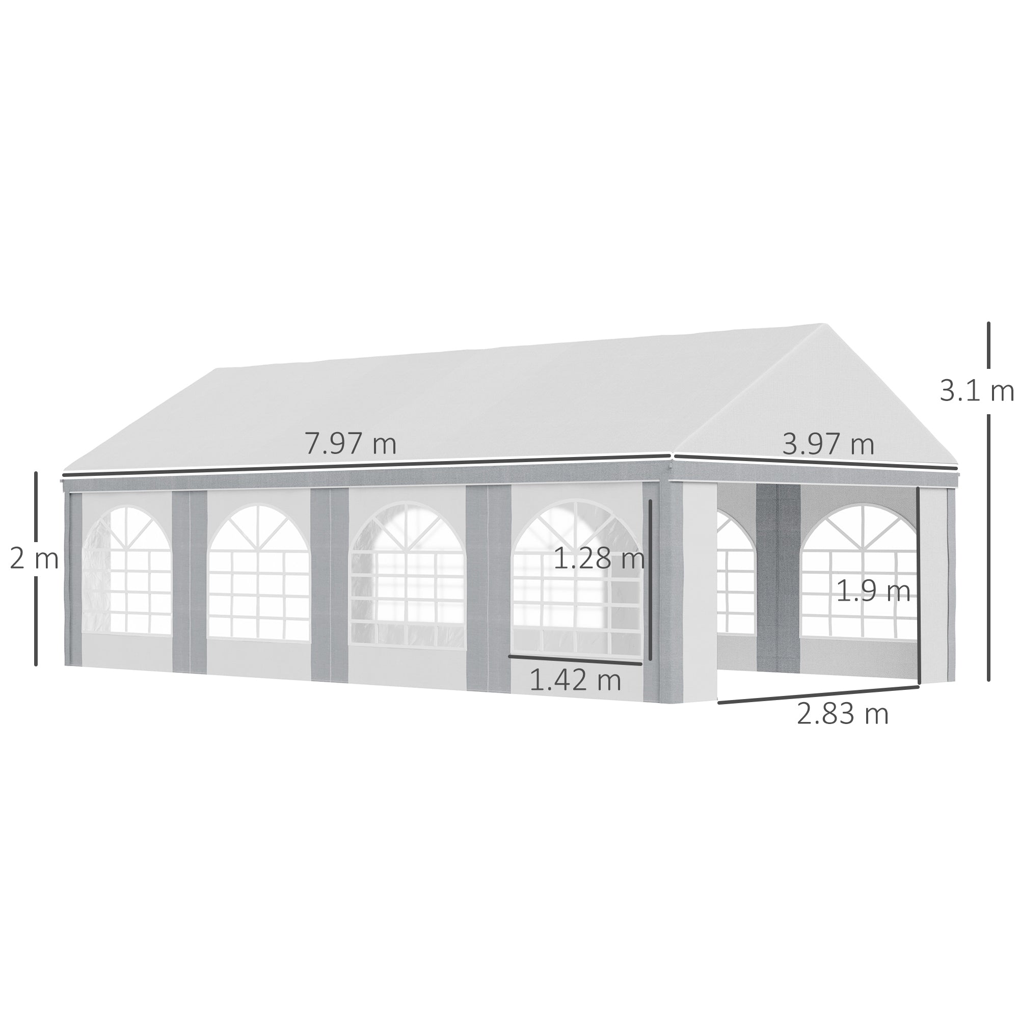 8 x 4m Galvanised Party Tent with Sides and Windows - White and Grey