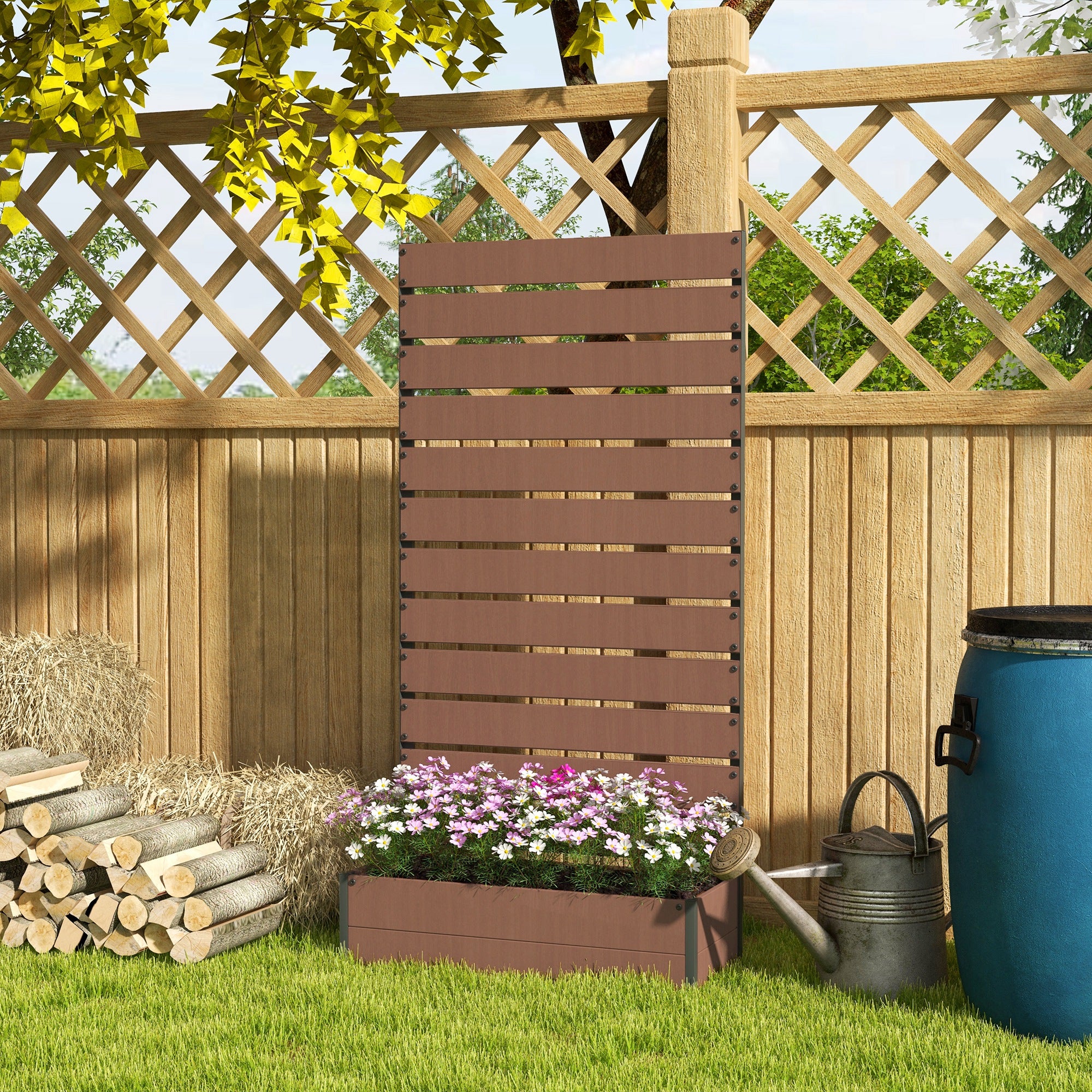 Raised Bed for Garden, Planter with Trellis for Climbing Plants, Vines, Planter Box with Drainage Gap, Light Brown