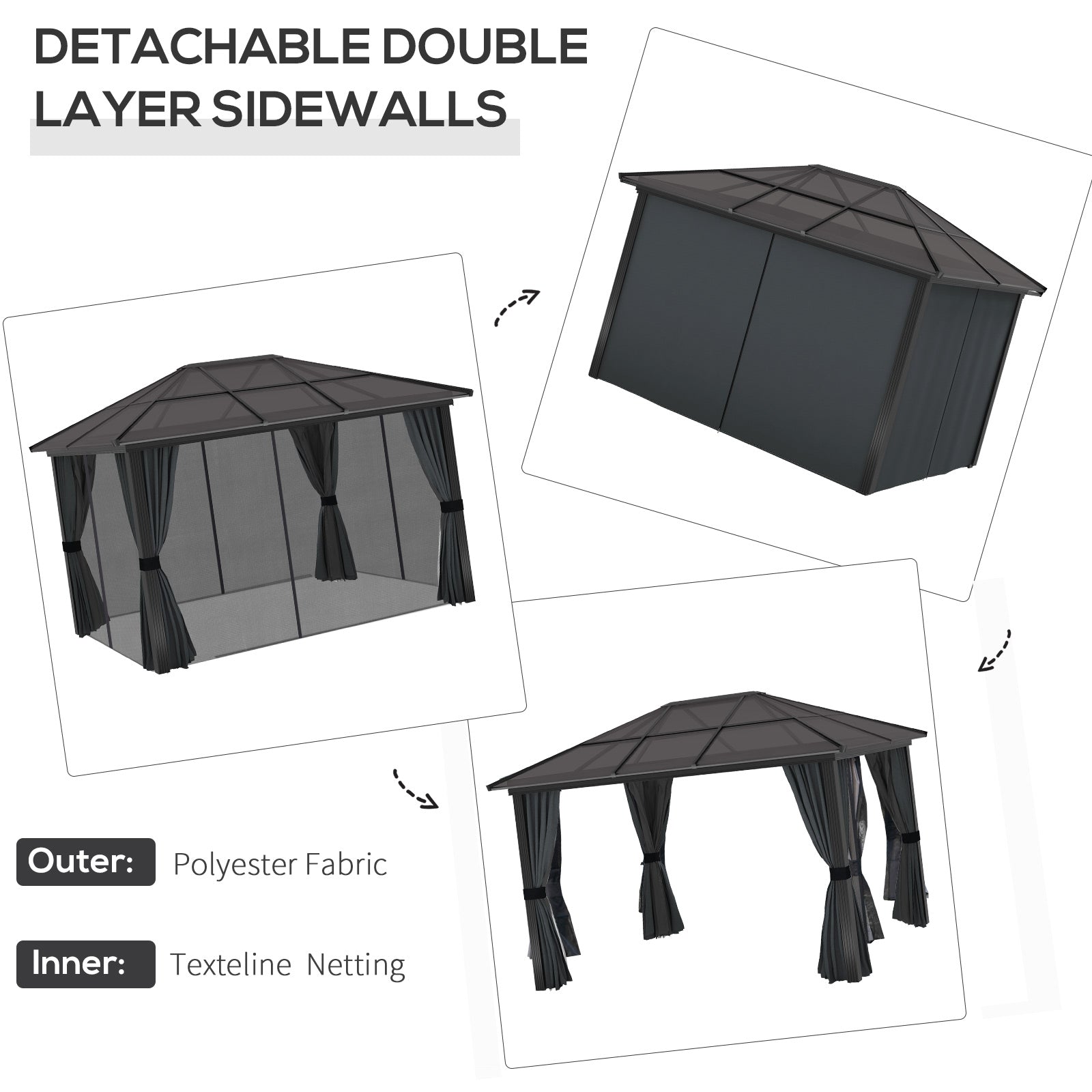 3 x 4m Hard Top Gazebo Garden Pavilion with Netting and Curtains, Polycarbonate Roof and Aluminium Frame