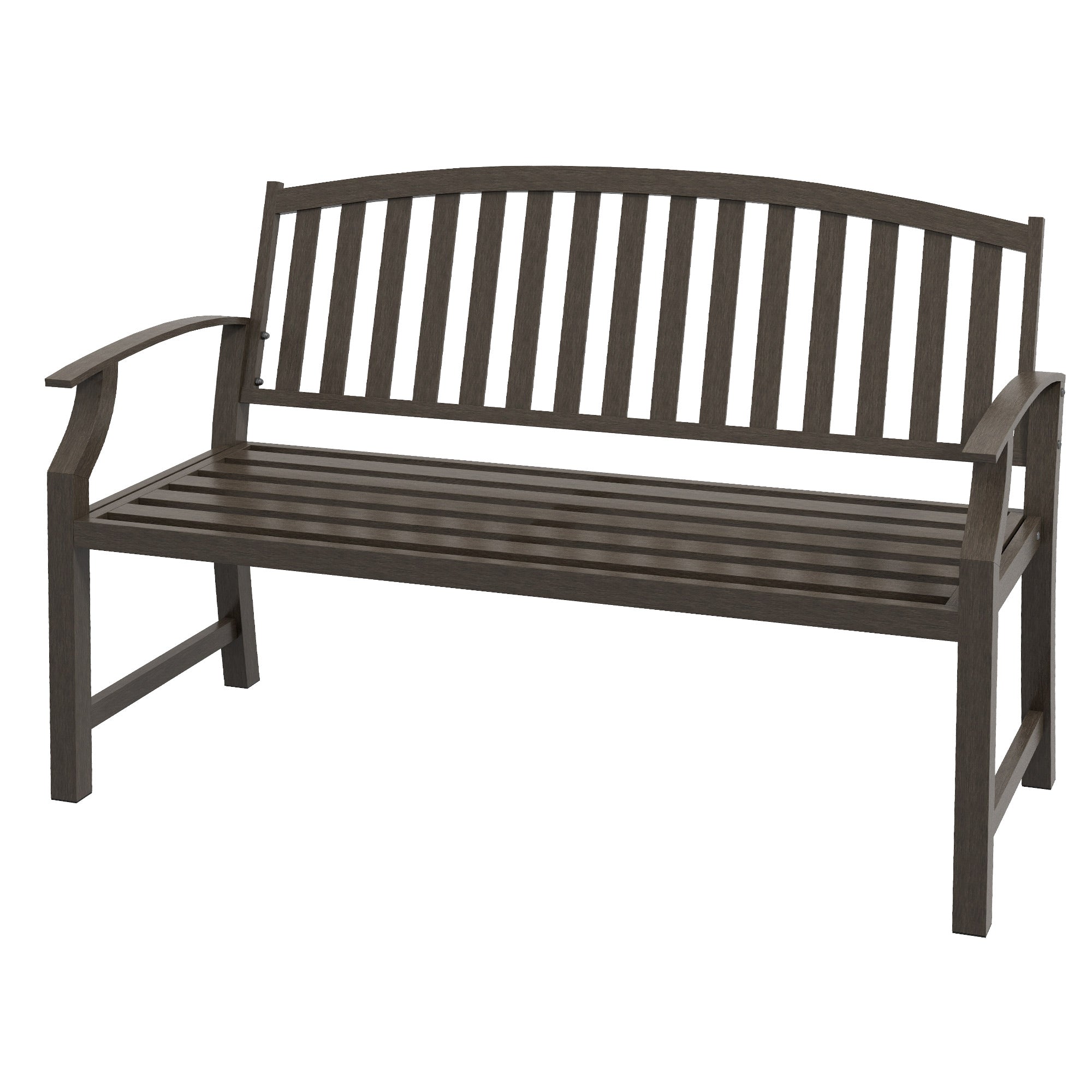 2 Seater Metal Garden Bench with Slatted Seat and Curved Armrests - Brown