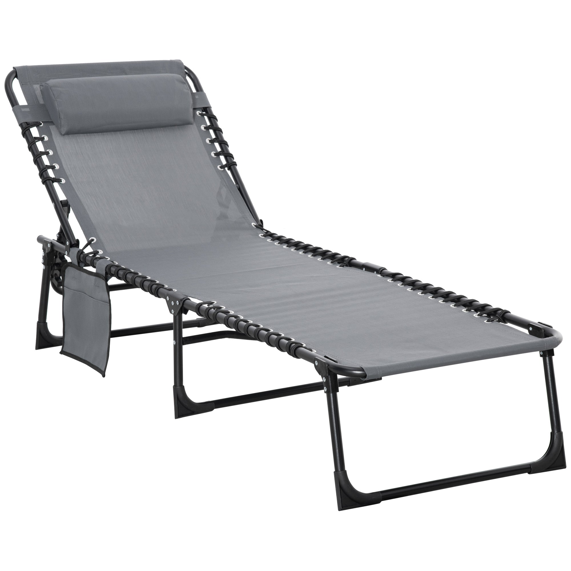 Portable Sun Lounger, Folding Camping Bed Cot, Reclining Lounge Chair 5-position Adjustable Backrest with Pillow for Patio Beach Pool, Grey