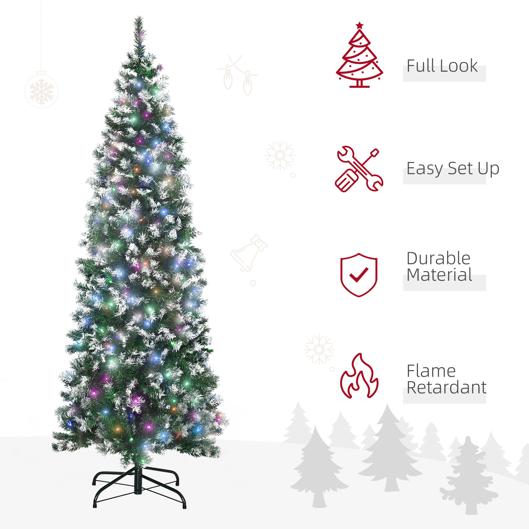 6' Tall Prelit Pencil Slim Artificial Christmas Tree with Realistic Branches, 300 Colourful LED Lights and 618 Tips, Xmas Decoration, Green