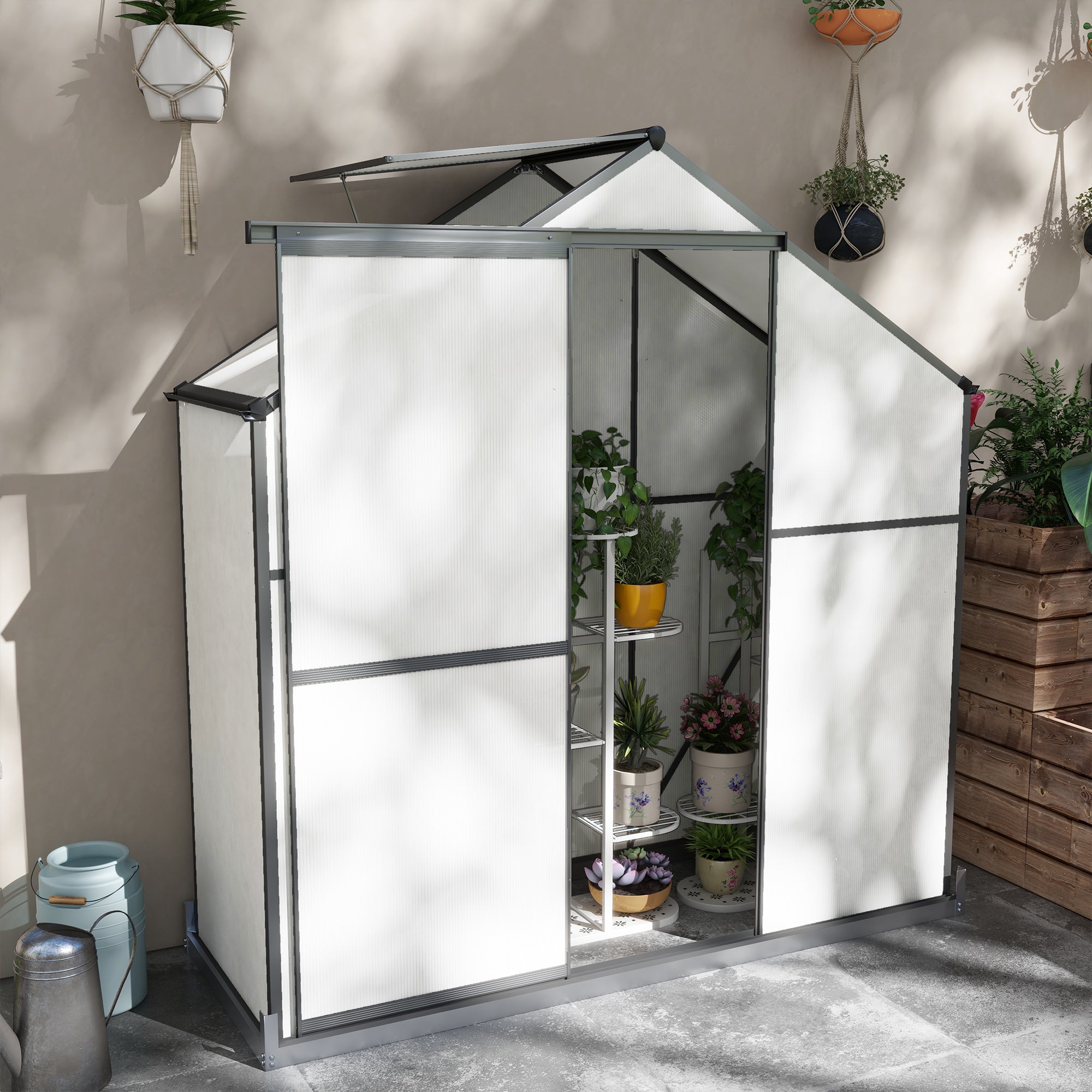 6 x 2.5ft Polycarbonate Greenhouse Walk-In Green House with Rain Gutter, Sliding Door, Window, Foundation, Dark Grey