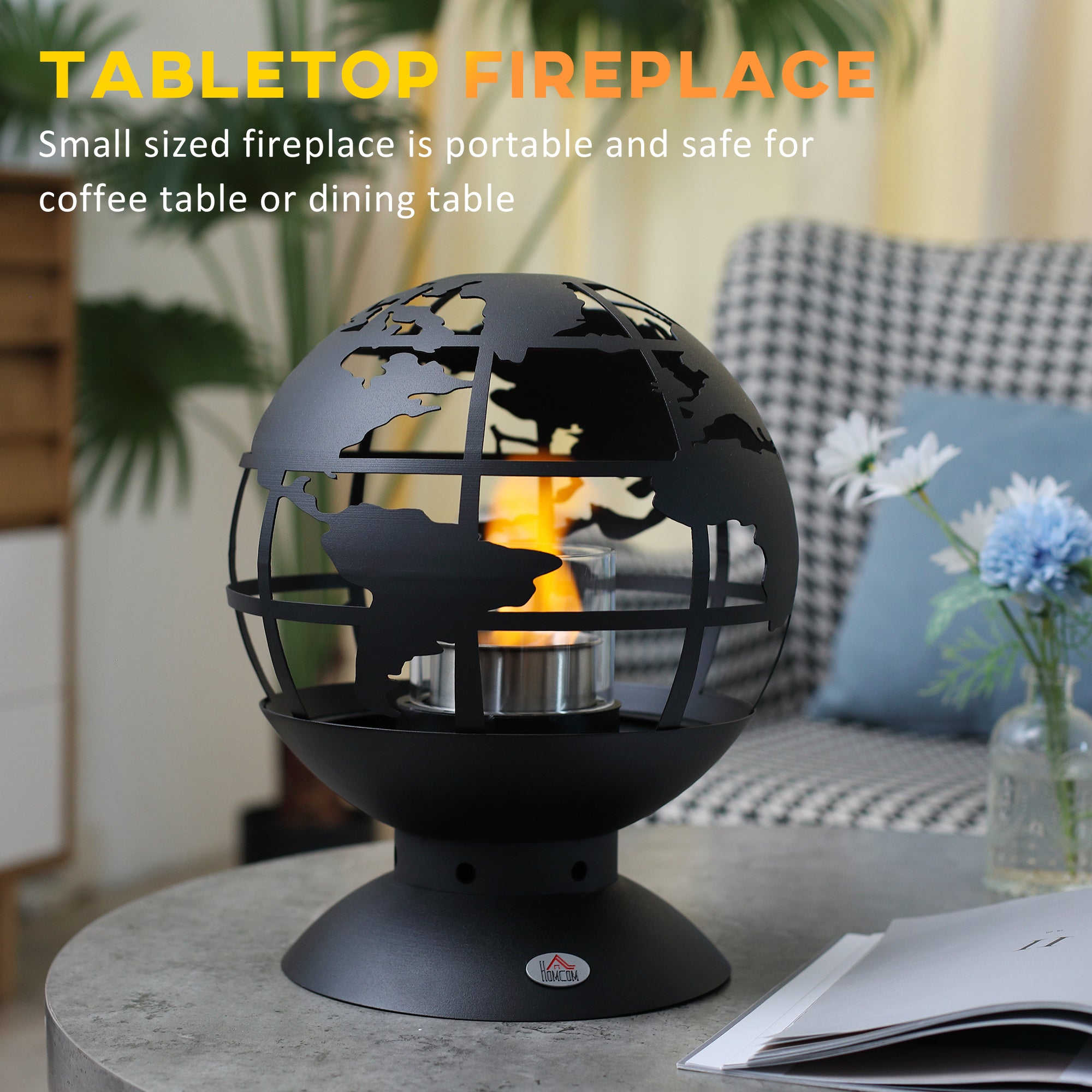 Globe Shape Tabletop Fireplace, Portable Metal Bioethanol Fireplace with Lid and 0.4L Tank, 1.5 Hour Burning Time for Liquid Alcohol, Black