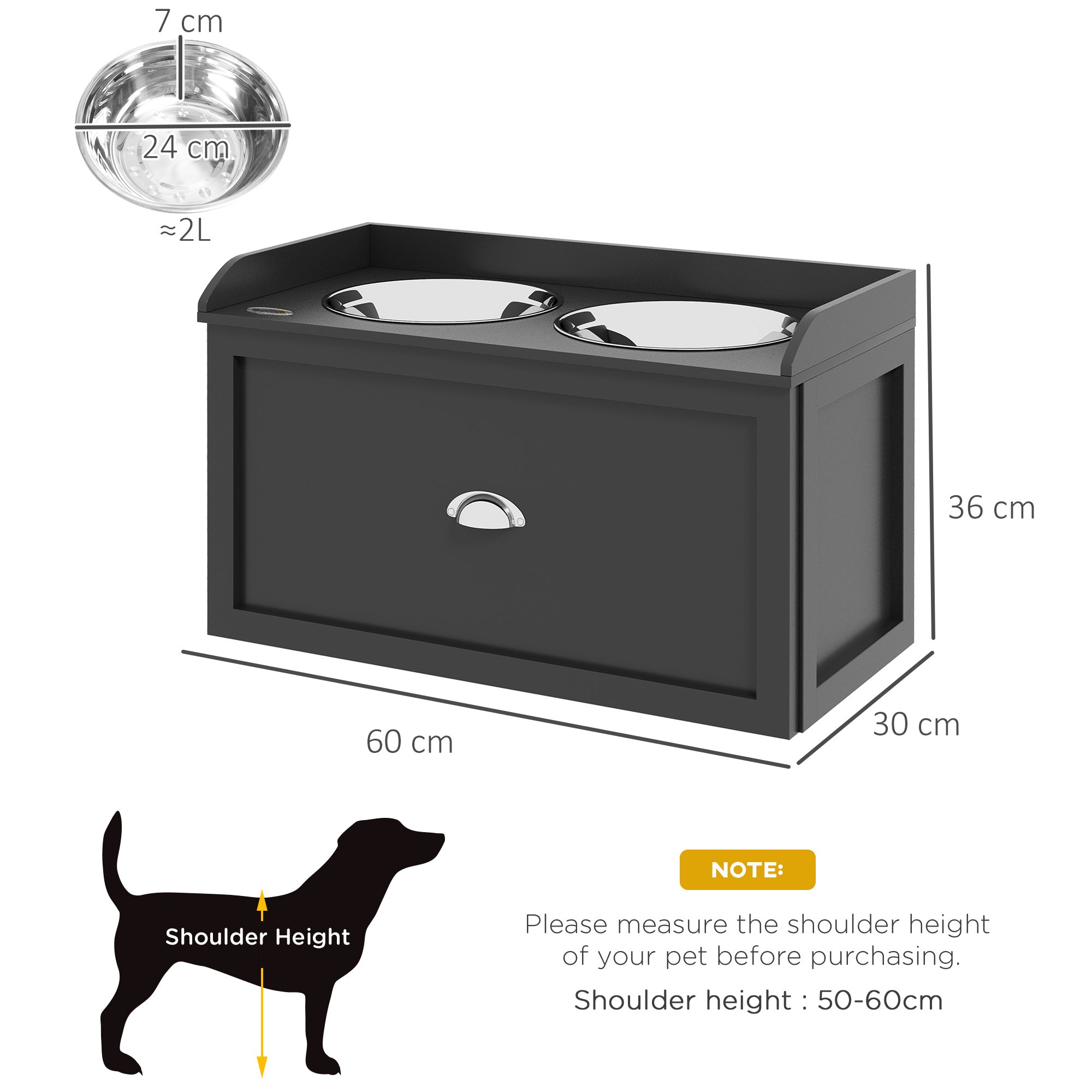 Raised Stainless Steel Dog Bowls with 21L Storage Drawer for Large Dogs and Cats - Black
