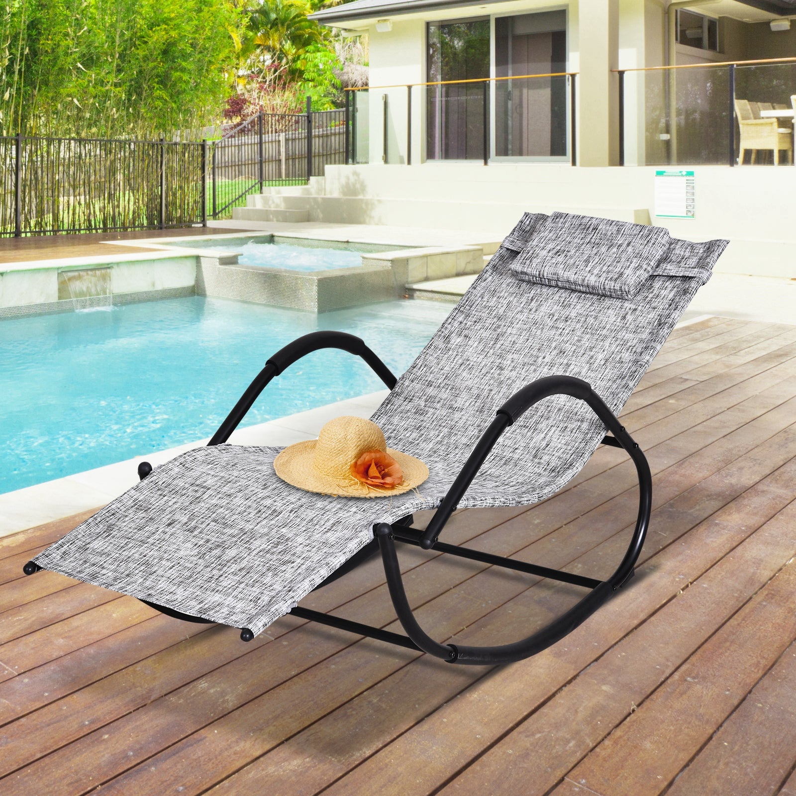 Patio Rocking Lounge Chair with Padded Pillow Grey Texteline
