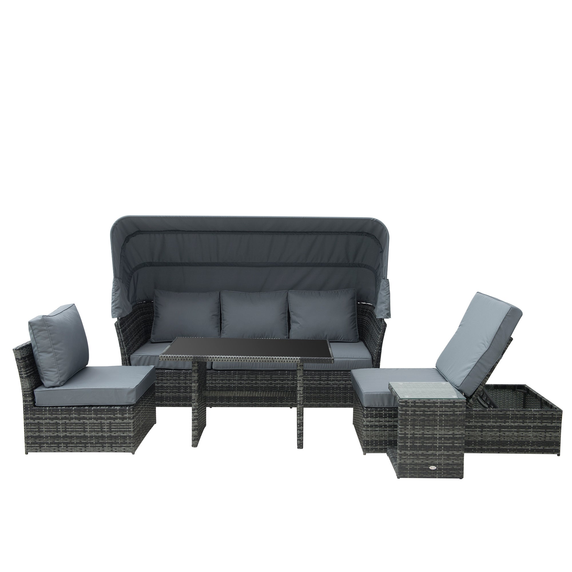 5-Seater Outdoor Rattan Garden Sofa Sets Reclining Sofa Adjustable Canopy & Side Dining Table Set, Mixed Grey