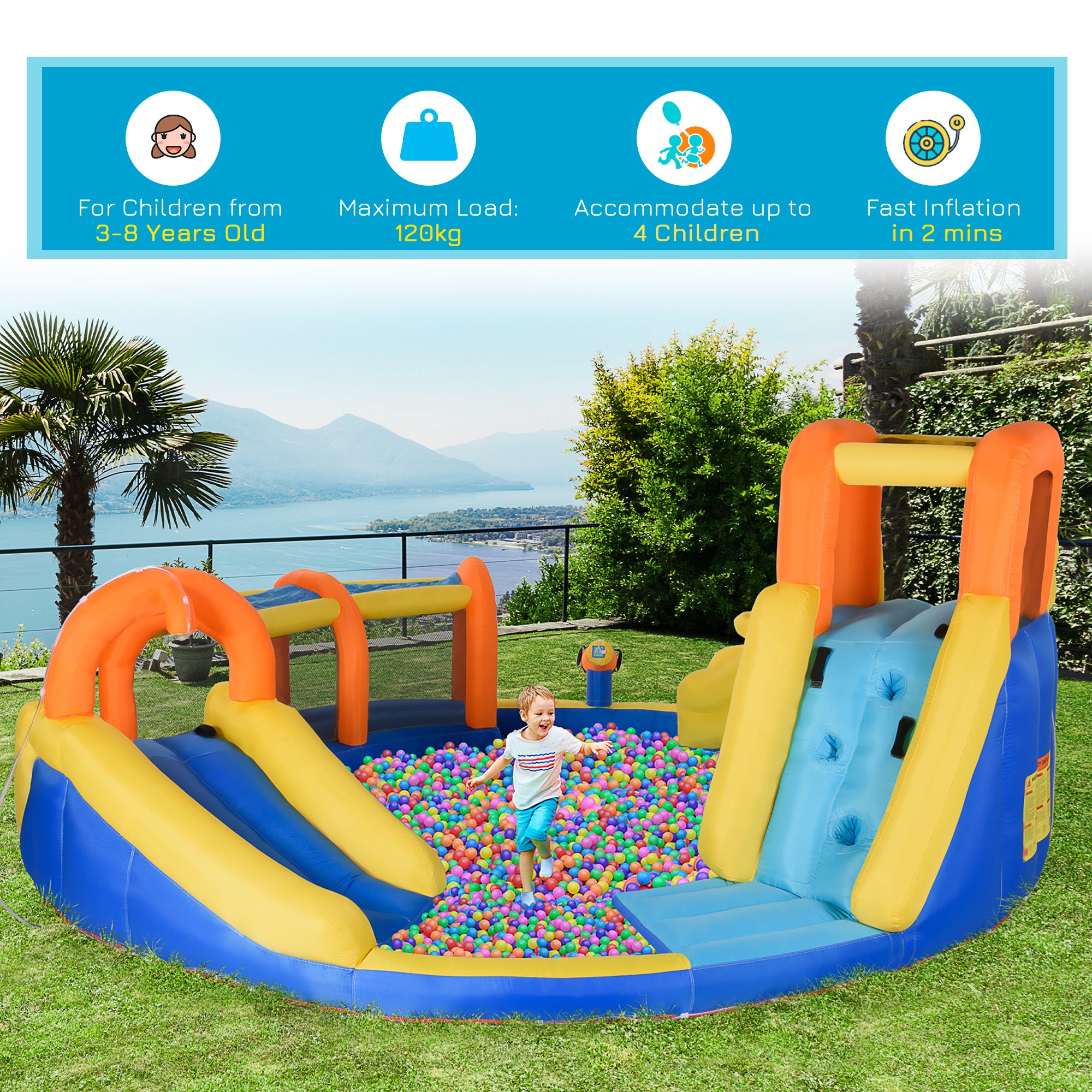 5 in 1 Kids Bouncy Castle Large Inflatable House Slide Water Pool Gun Basket Climbing Wall with 750W Inflator Carry bag 4.35 x 4.35 x 2m