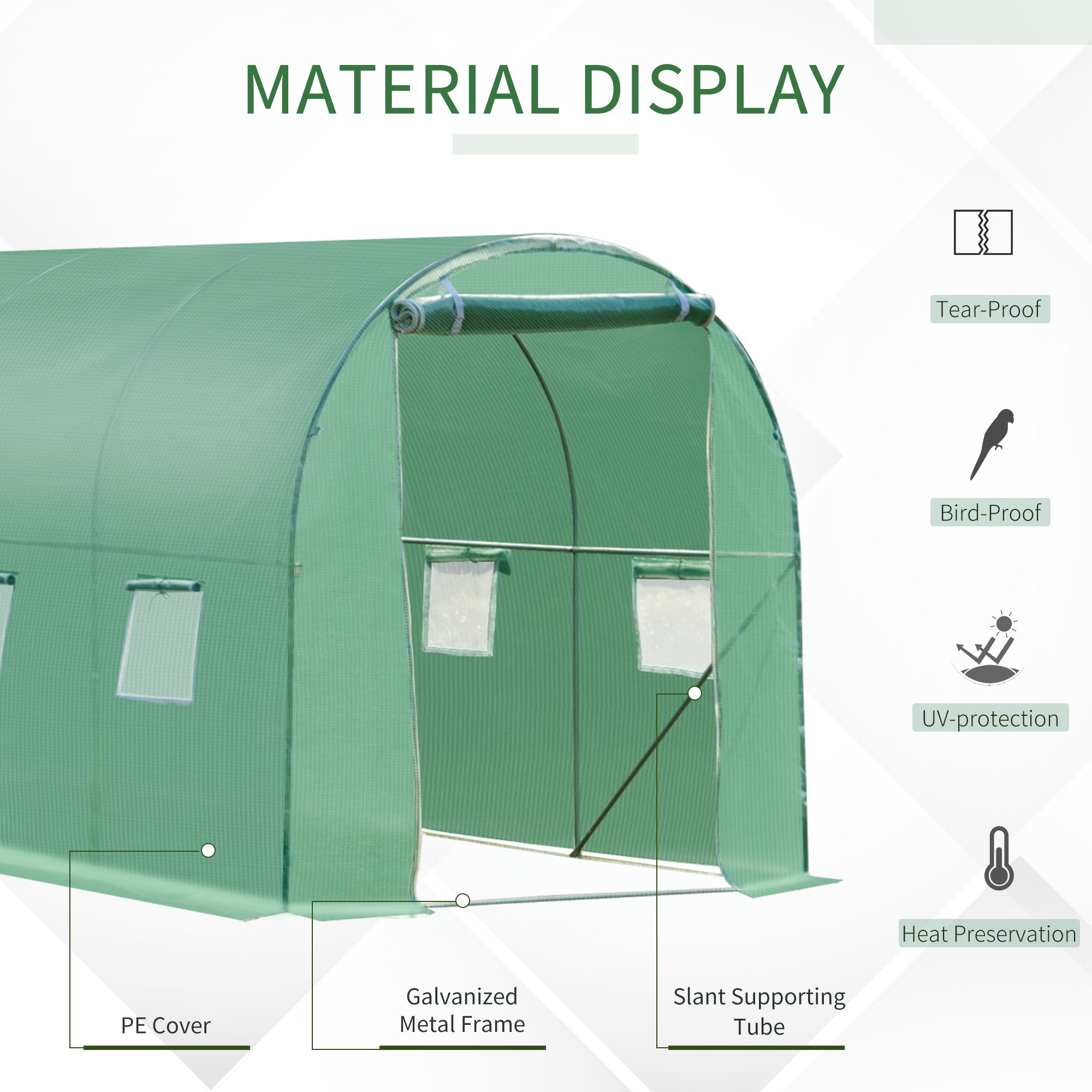 4x2 m Polytunnel Walk-in Greenhouse with Zip Door and Windows-Green