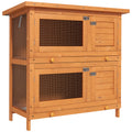 Wooden 2-Tier Rabbit Hutch with Slide-Out Tray and Hinged Roof for Indoor Use - Vintage Yellow Green