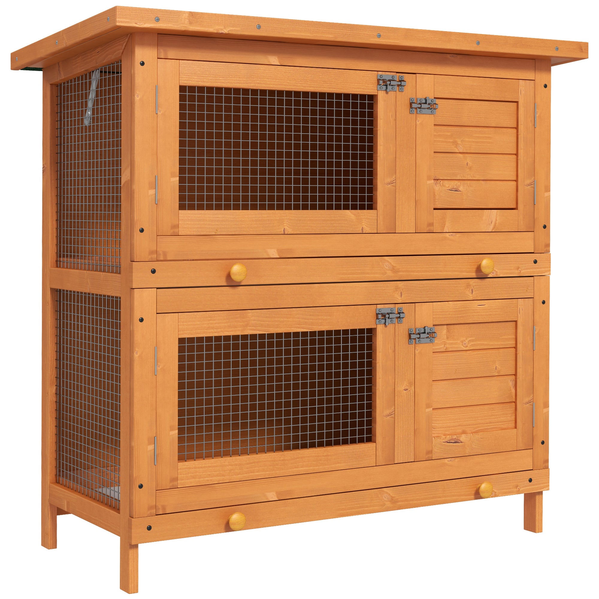 Wooden Rabbit Hutch 2 Tiers Bunny House Rabbit Cage w/ Slide-Out Tray and Hinged Opening Roof Small Animal House for Indoor