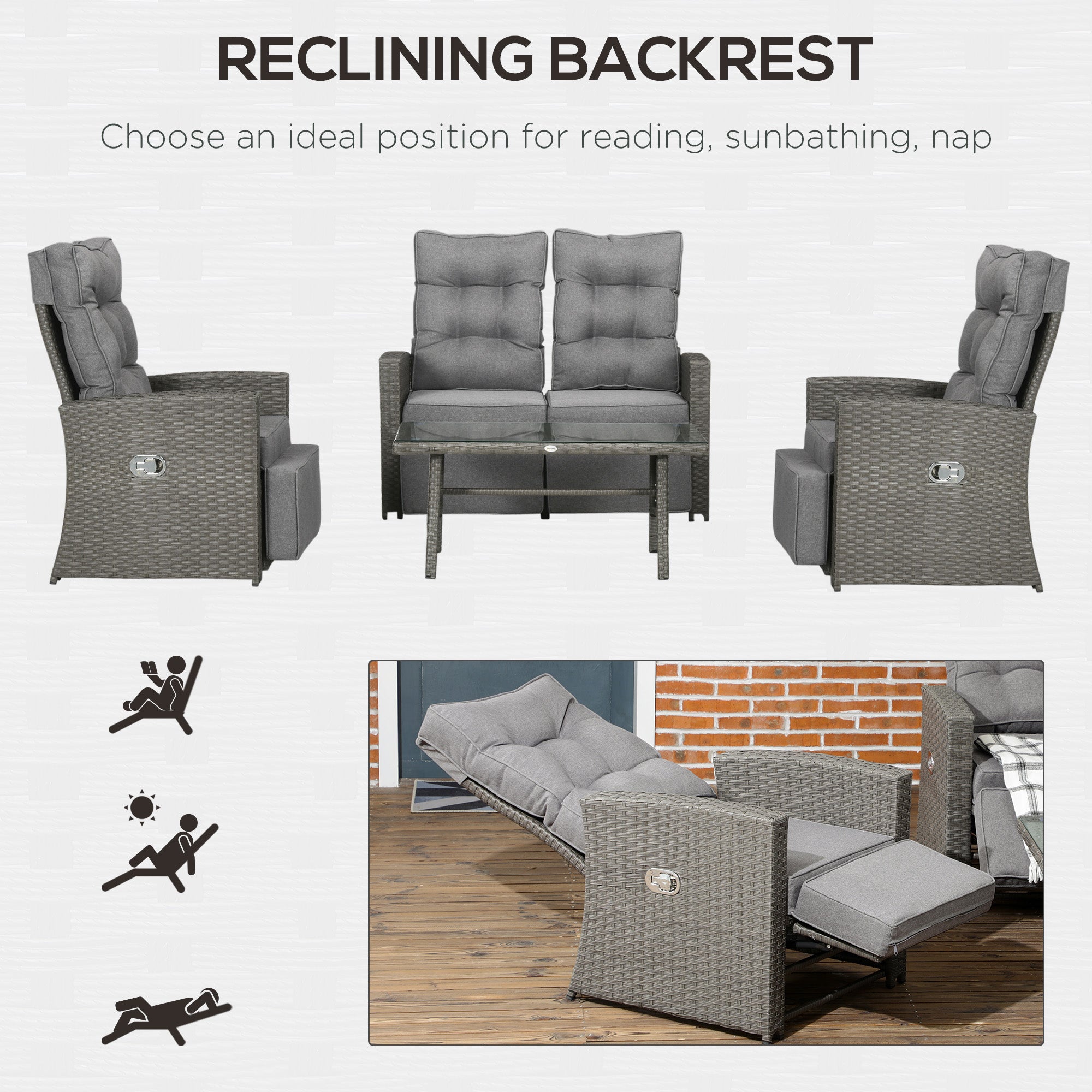 4 Piece 4 Seater Rattan Garden Furniture Set with Reclining Armchairs and Glass Table - Grey