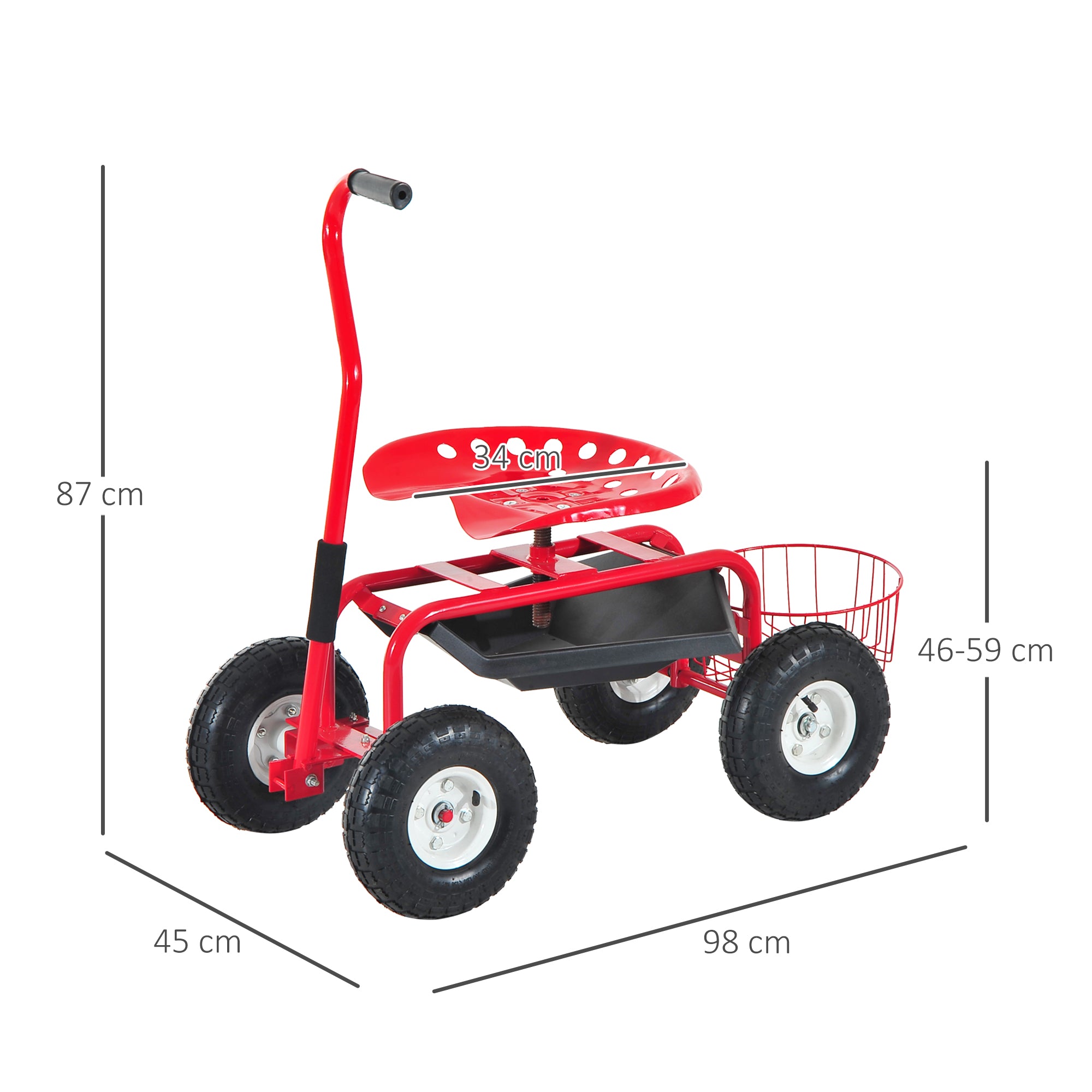 Adjustable Rolling Garden Cart Outdoor Garden Planting Station Trolley Swivel Gardener Work Seat Heavy Duty w/ Tool Tray & Basket Red 150kg