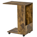 Mobile C-Shape Sofa Side Table with Storage and Casters for Laptop and Snacks - Rustic Brown