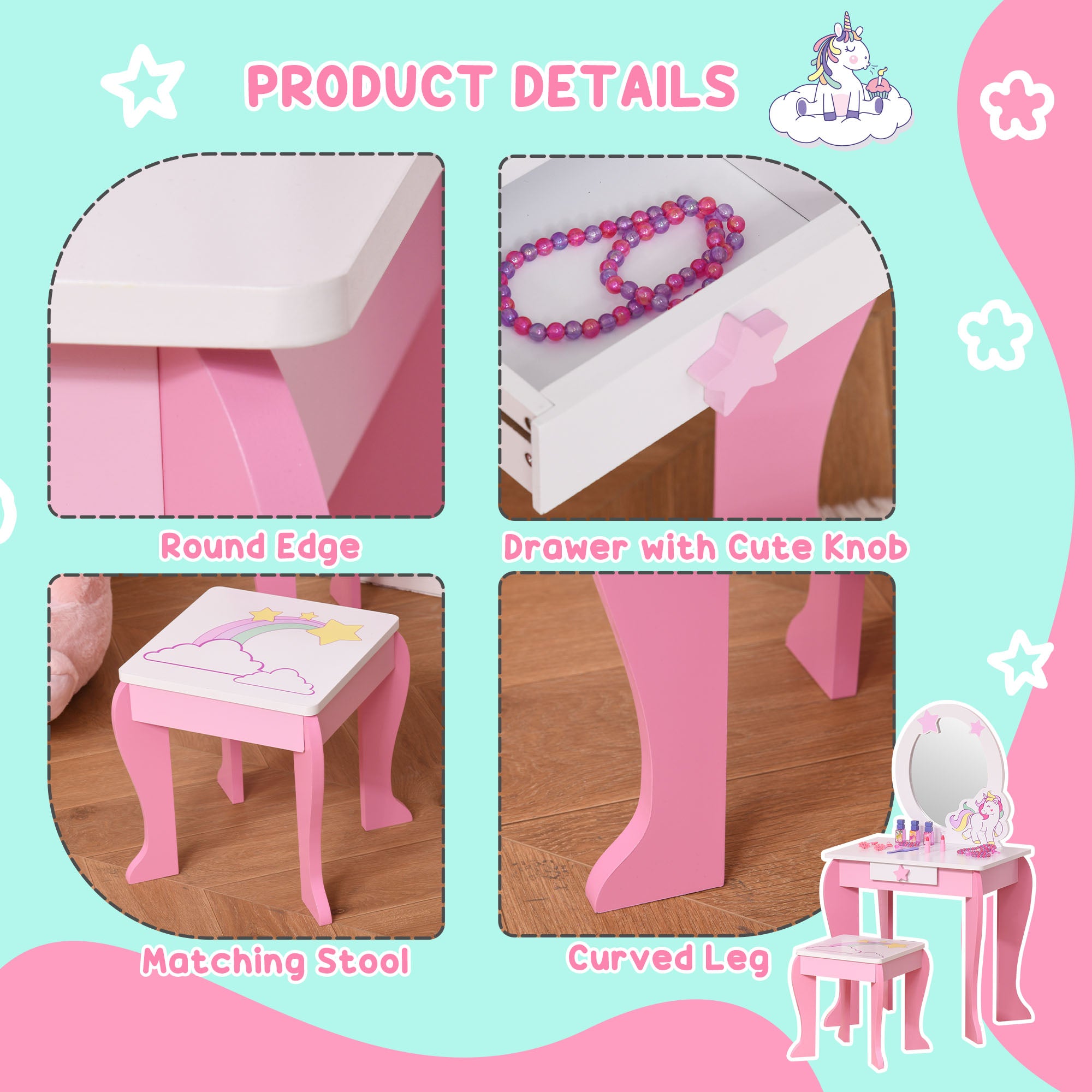 Girls Dressing Table w/ Mirror & Stool, Kids Dressing Table, Unicorn Pretend Play Toy for Toddles Age 3-6 Years, Acrylic Mirror, Pink & White