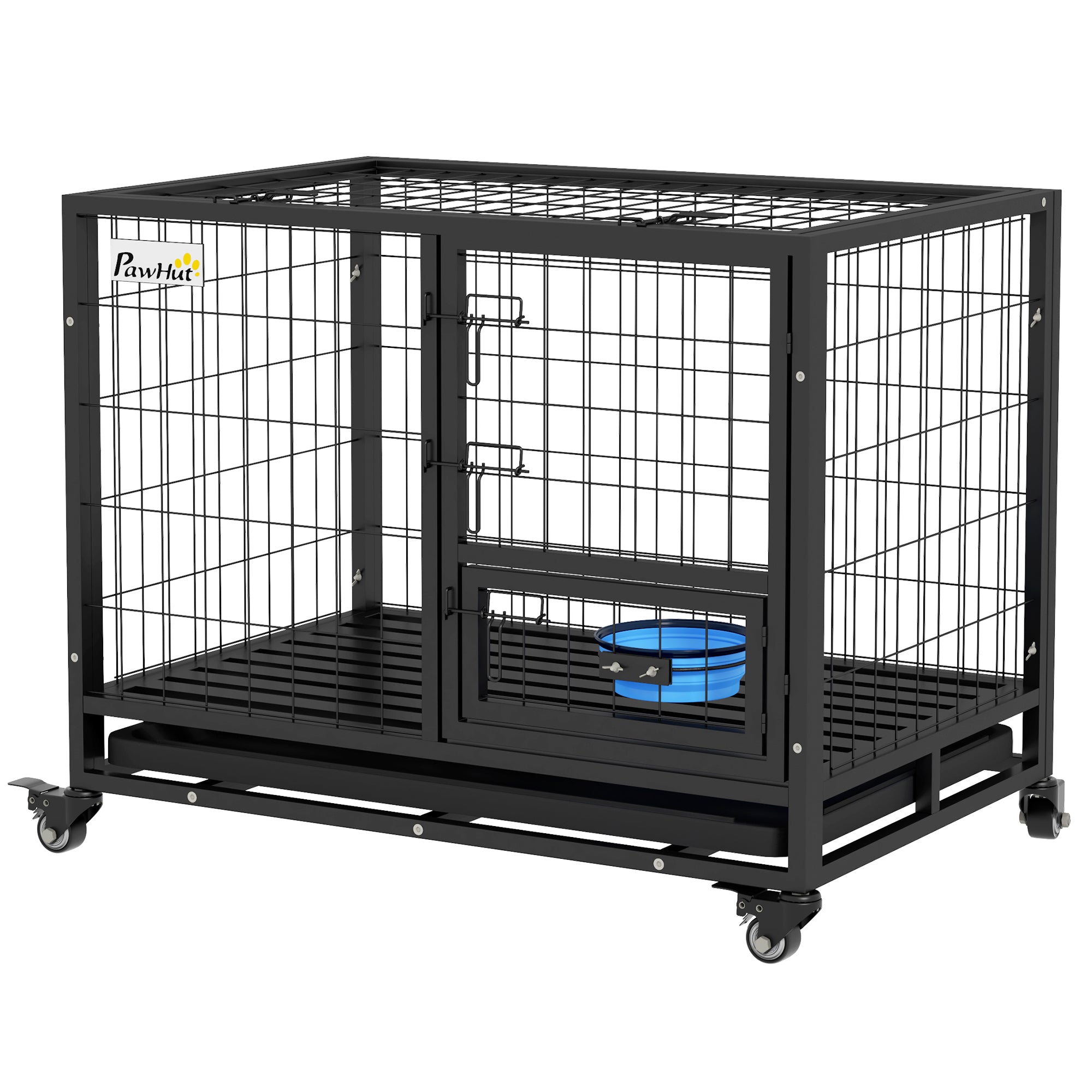 Heavy Duty Dog Crate on Wheels w/ Bowl Holder, Removable Tray, Detachable Top, Double Doors for L, XL Dogs