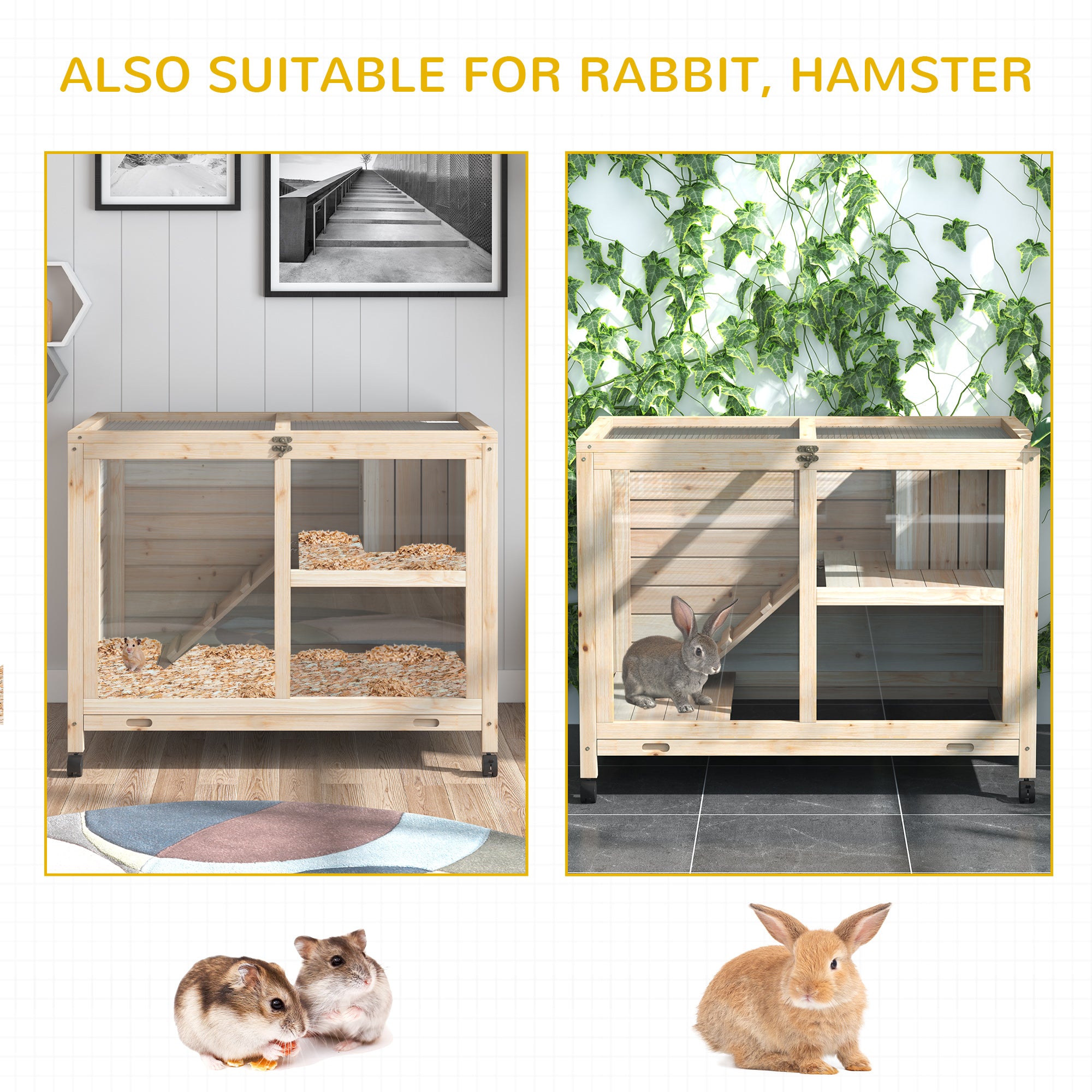 Wooden Rabbit Hutch Guinea Pigs House Bunny Small Animal Cage W/ Pull-out Tray Openable Roof Wheels 91.5 x 53.3 x 73 cm