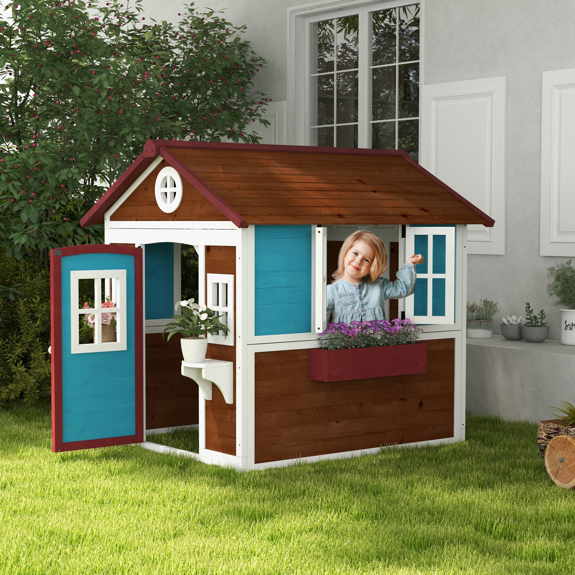 Wooden Playhouse with Doors, Windows, Plant Pots, Boxes, for 3-8 Years - Dark Brown