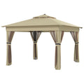 3 x 3m Pop Up Gazebo with Solar LED Lights, Adjustable Frame, Netting & Curtain - Khaki