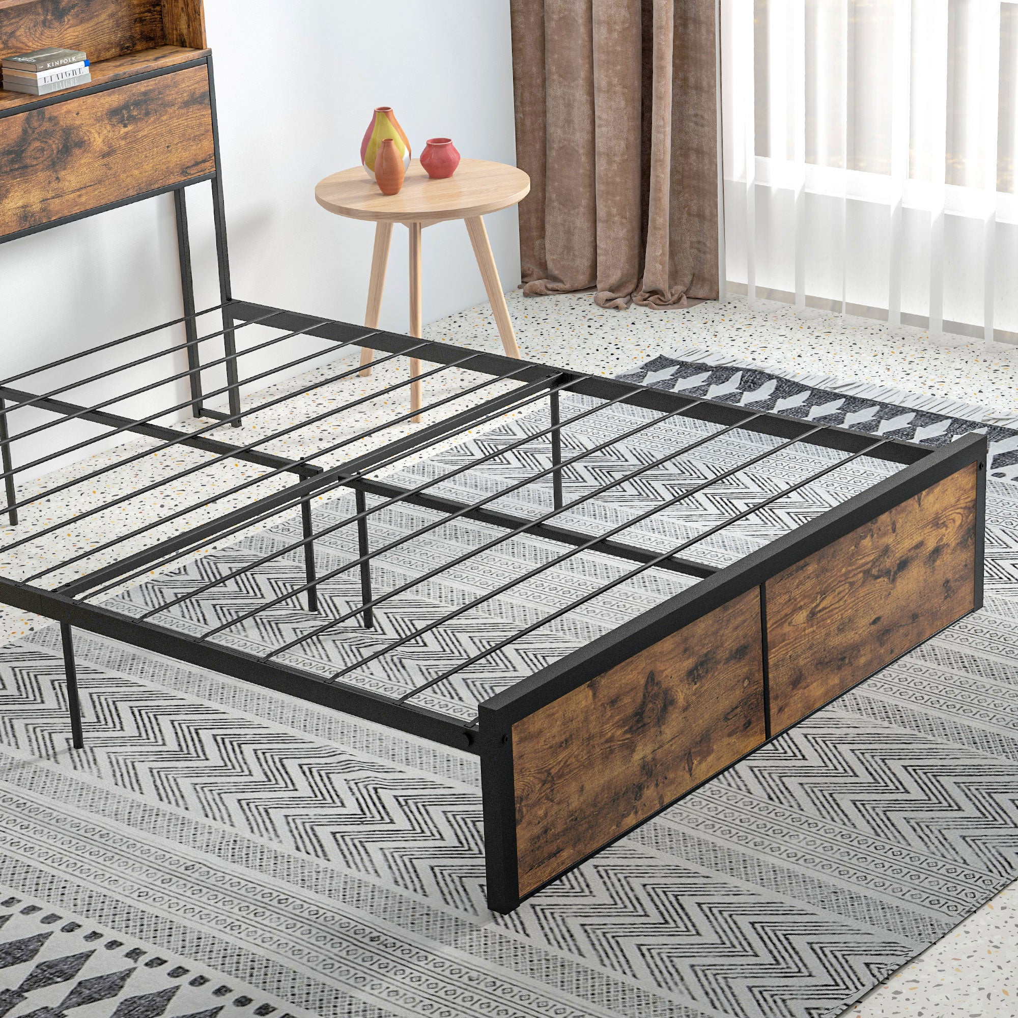 Industrial Double Bed Frame, 4.8FT Steel Bed Base w/ Storage Headboard, Footboard, Under Bed Storage, 145 x 209cm, Rustic Brown