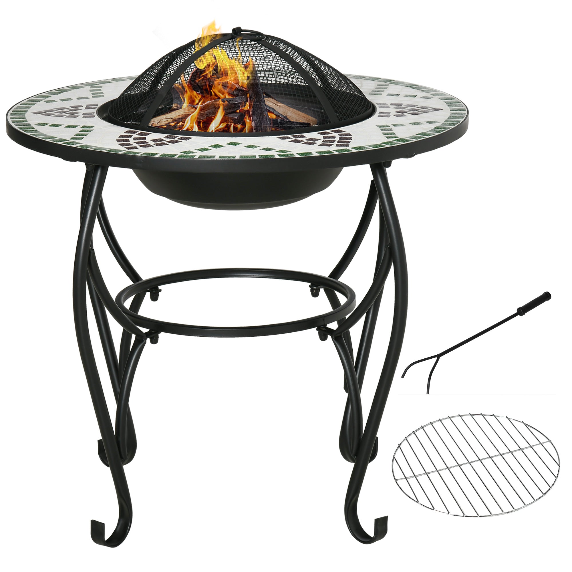 3-in-1 Outdoor Fire Pit, Garden Table with Cooking BBQ Grill, Firepit Bowl with Spark Screen Cover, Fire Poker for Backyard Bonfire Patio