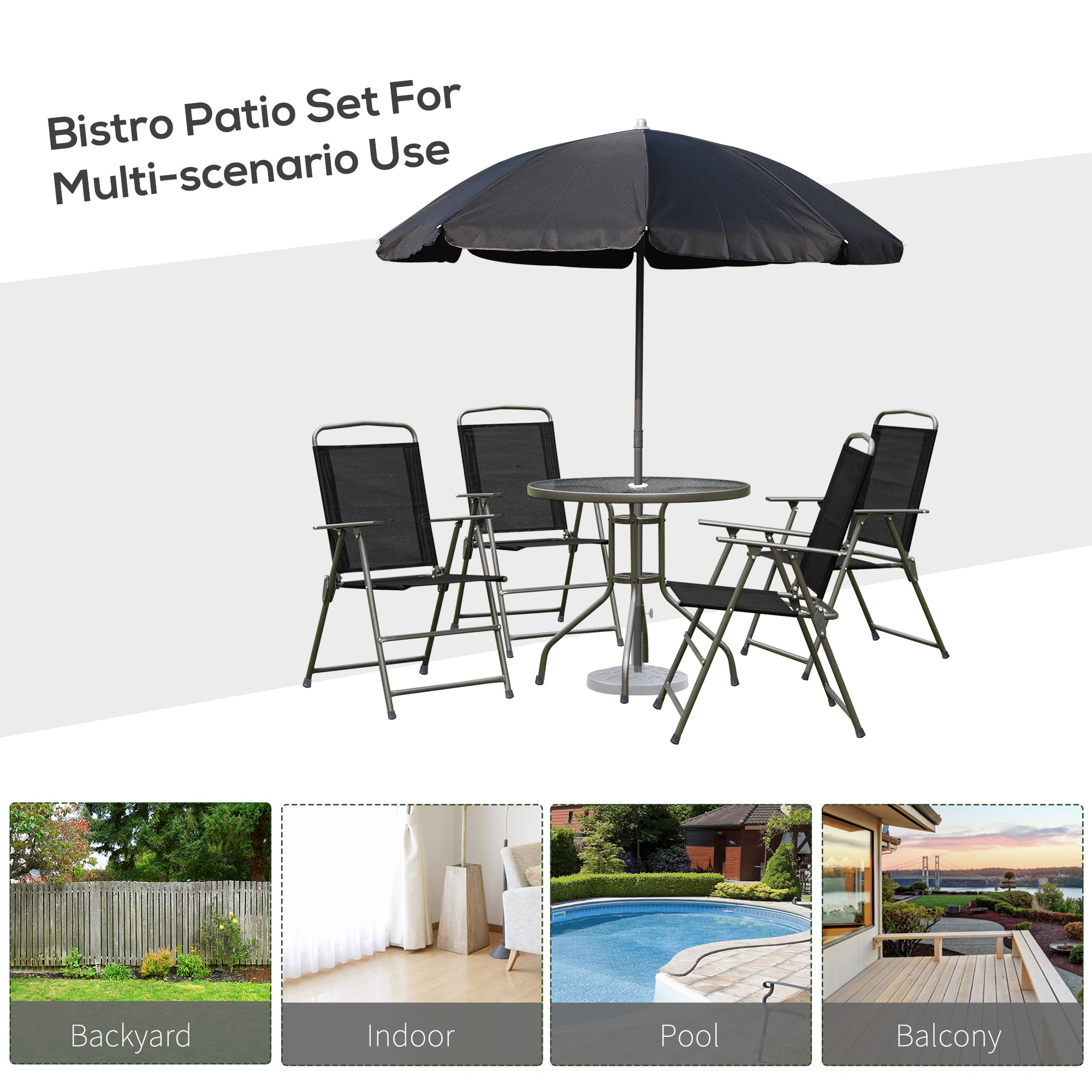 6 PCs Garden Patio Furniture Set Bistro Set Texteline Folding Chairs +Table +Parasol (Black)