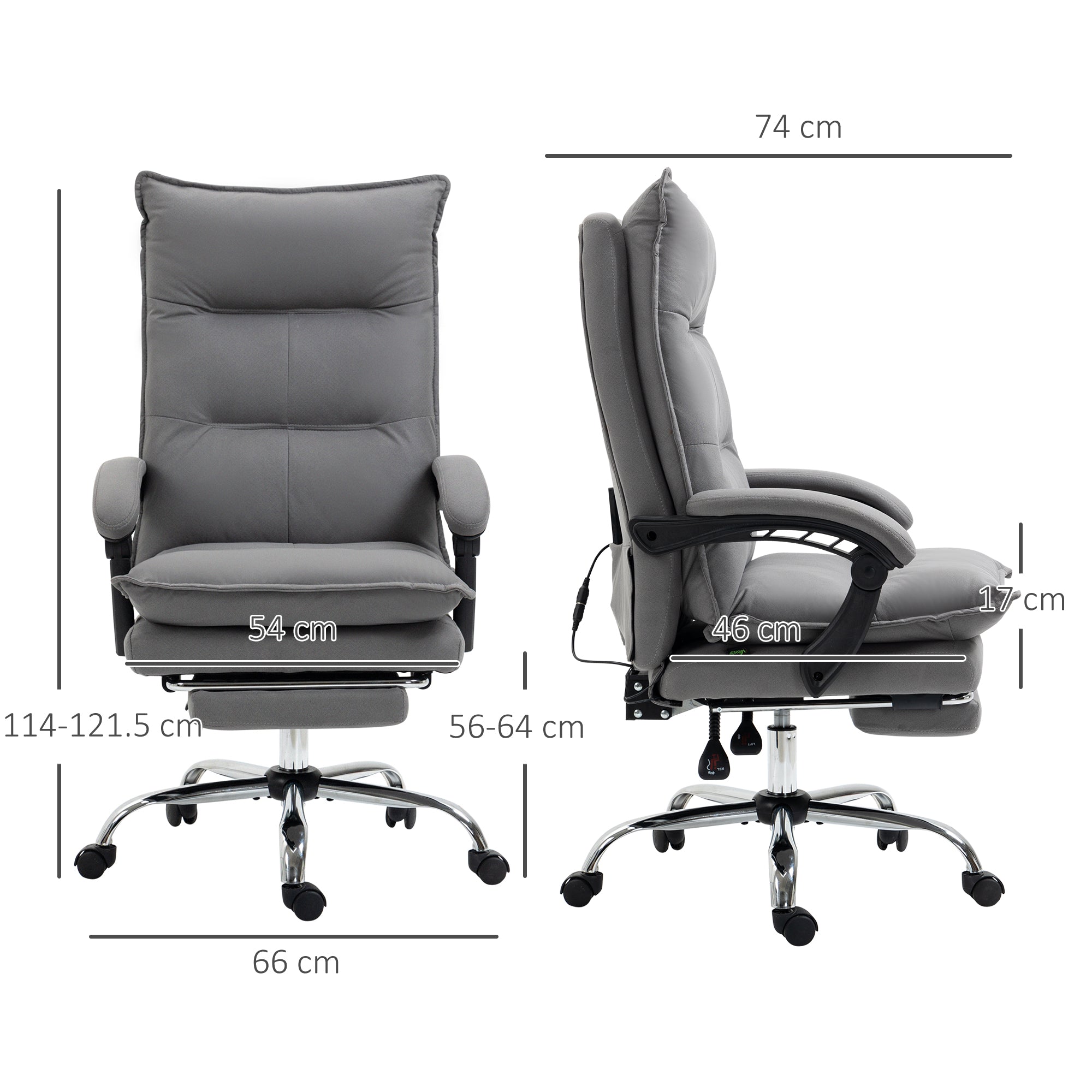 Vibration Massage Office Chair with Heat, Microfibre Computer Chair with Footrest, Armrest, Double Padding, Reclining Back, Grey