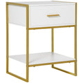 Modern Bedside Table with Drawer and Shelf - White and Gold