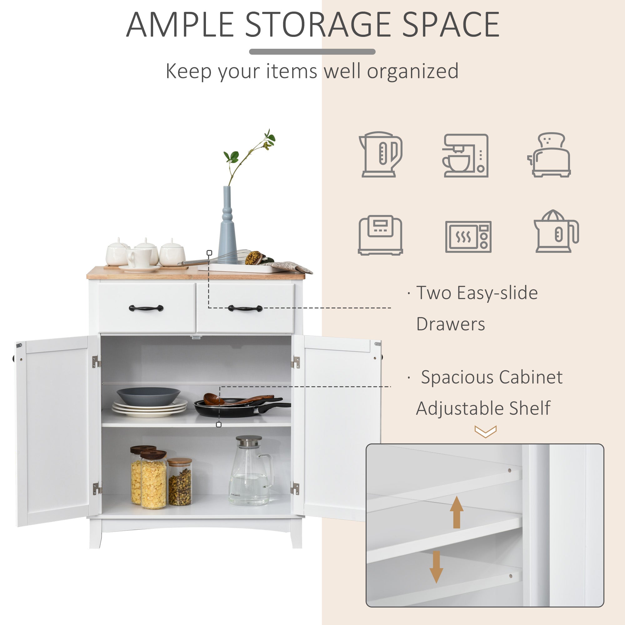 Modern Organising Kitchen Cupboard, Wooden Storage Cabinet, Tableware Organizer with 2 Drawers for Living & Dining Pantry Room, White