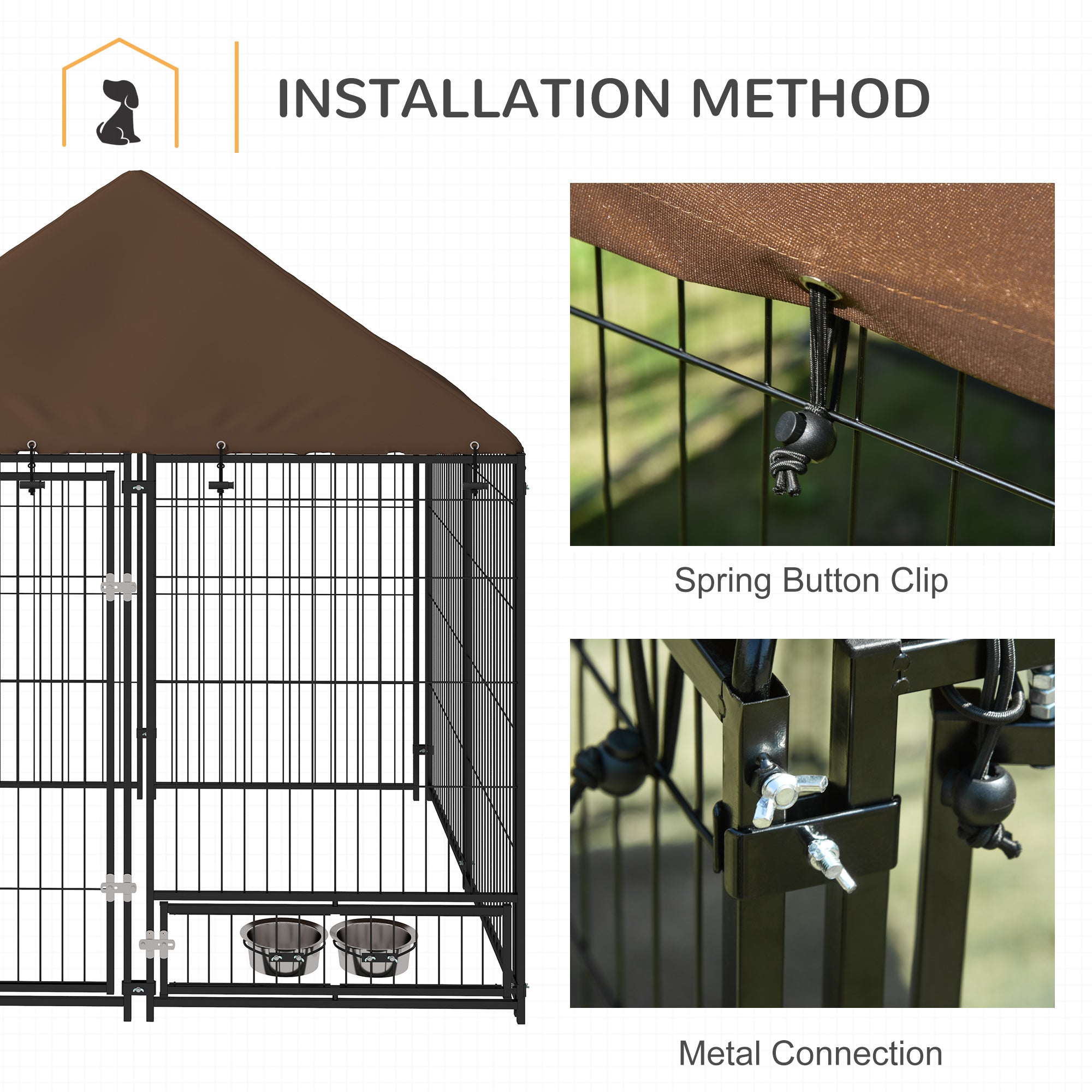 Outdoor Dog House Kennel with Water-resistant Roof Lockable Mesh Metal Cage Steel Fence, 141 x 141 x 121 cm