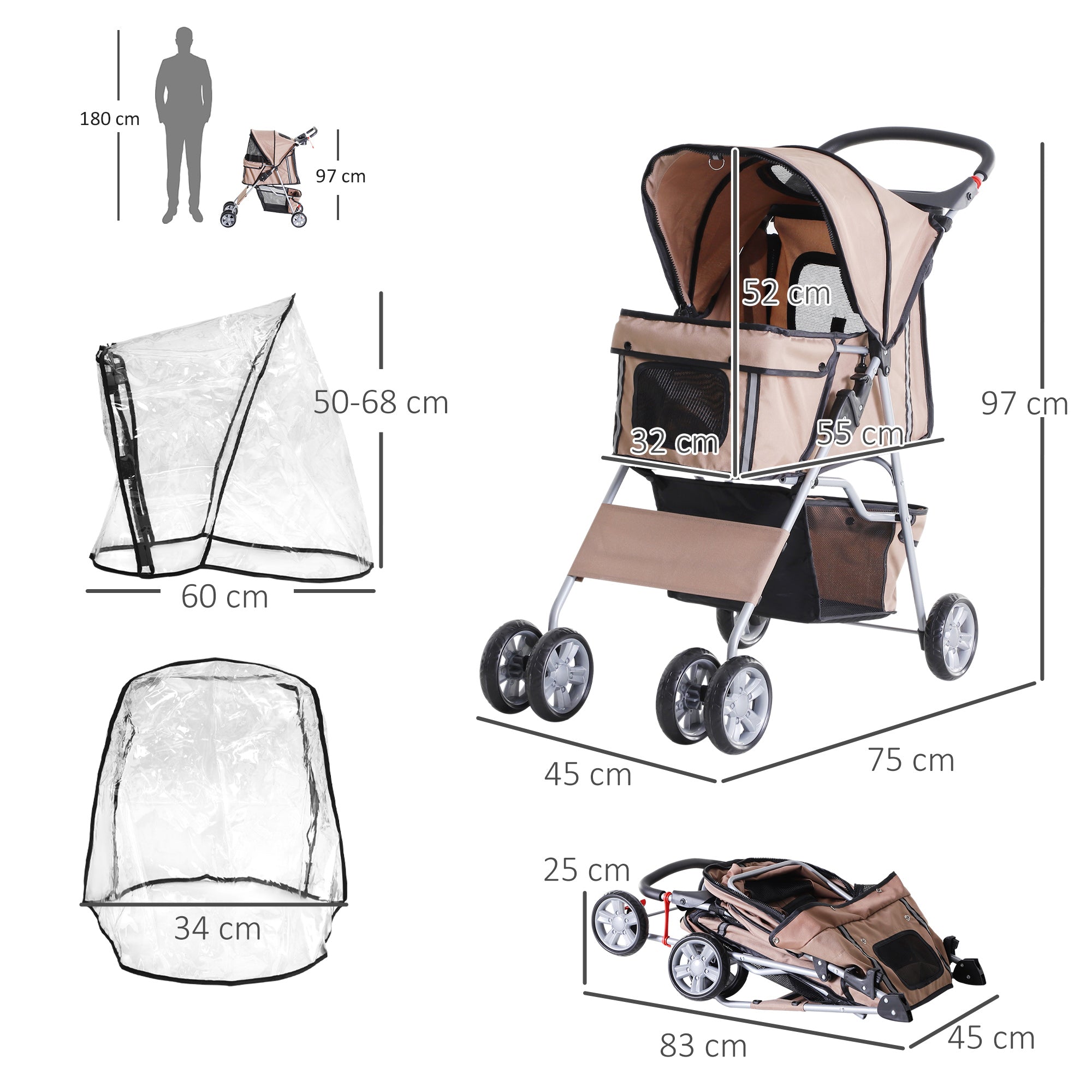 Dog Stroller with Rain Cover for Small Miniature Dogs, Folding Pet Pram with Cup Holder, Storage Basket, Reflective Strips, Brown