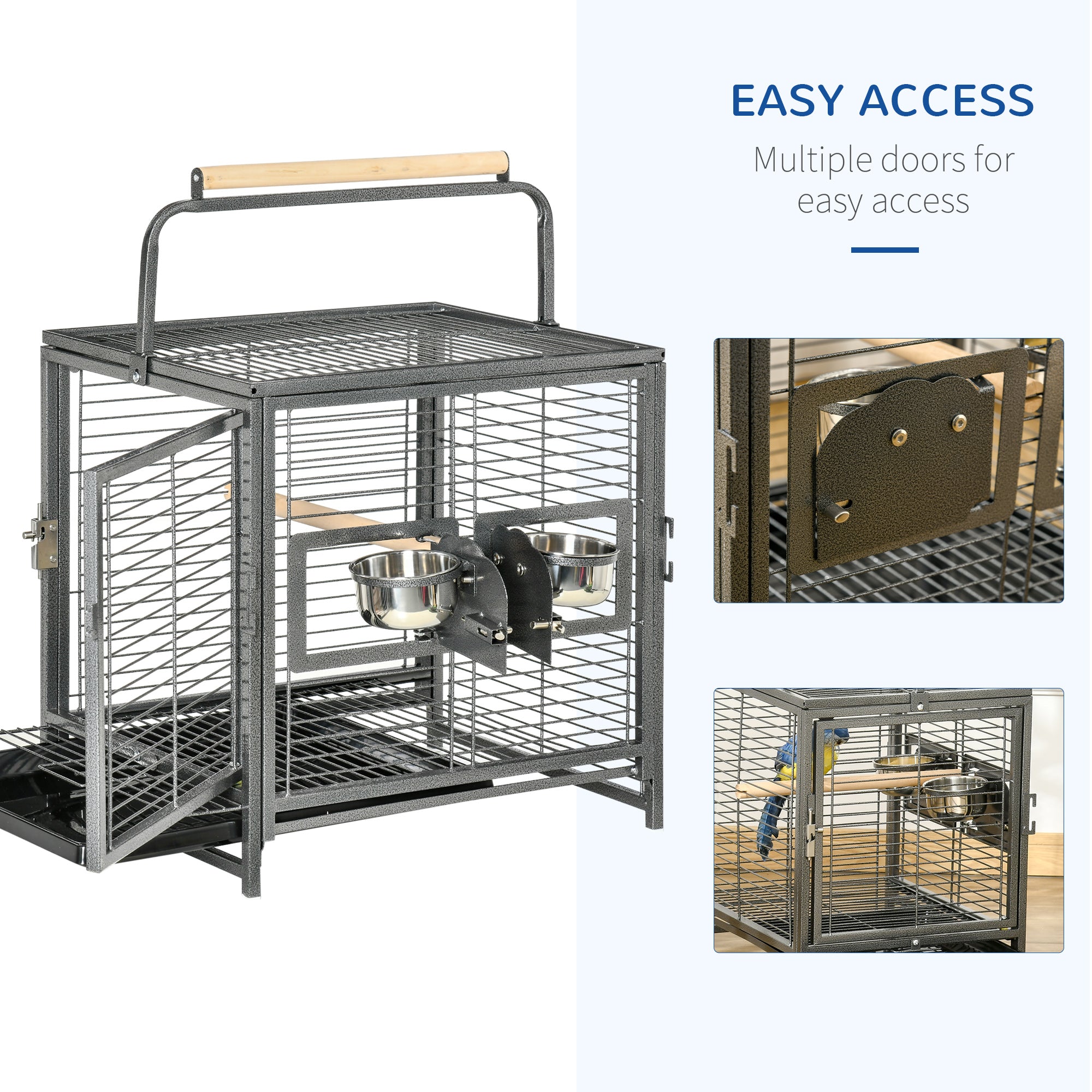 Metal Parrot Travel and Breeding Cage for Small Birds with Wooden Perch and Bowls - Black