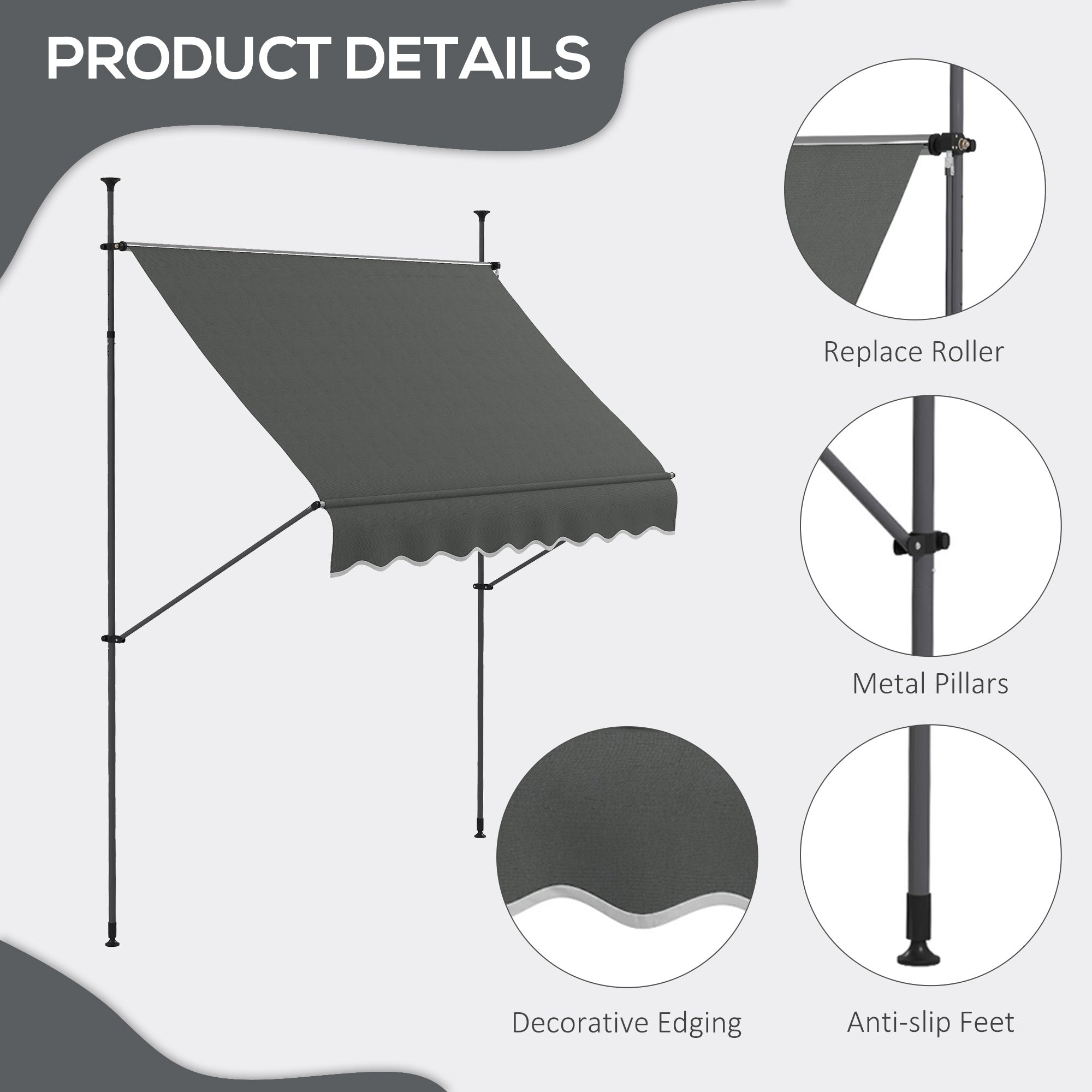 2.5 x 1.2m Retractable Awning, Free Standing Patio Sun Shade Shelter, UV Resistant, for Window and Door, Dark Grey