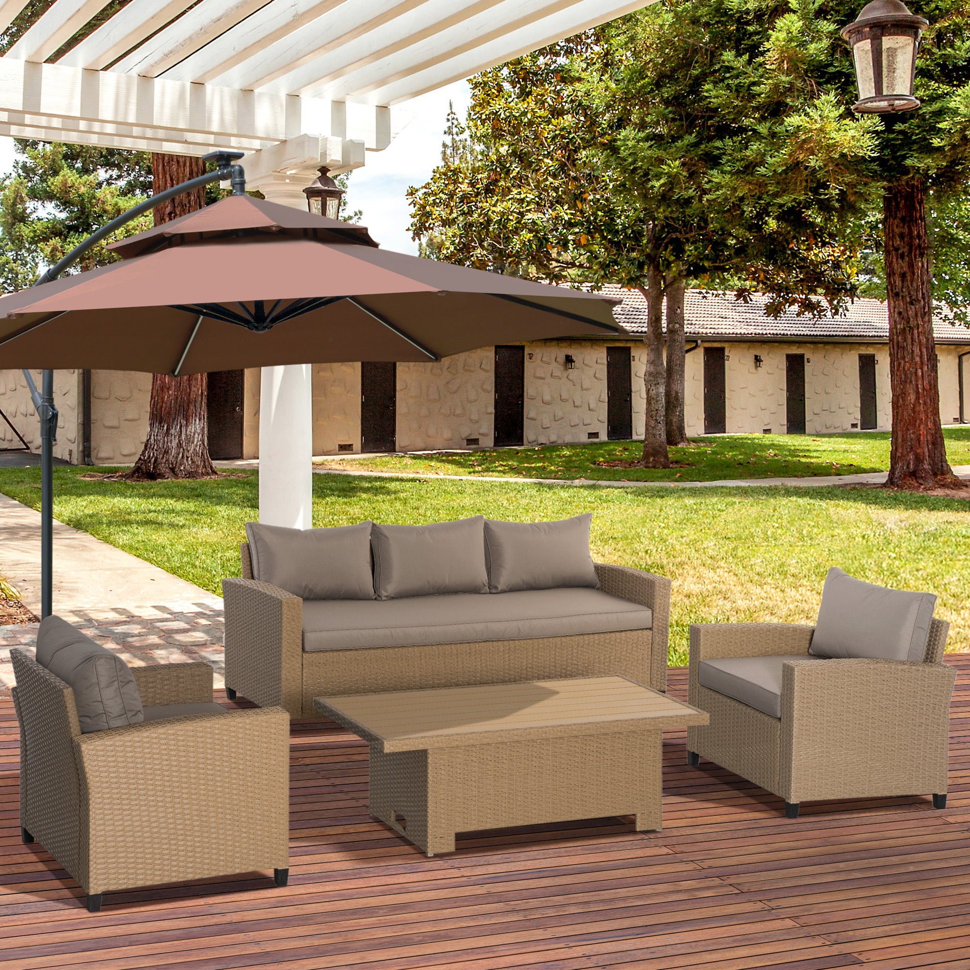 5-Seater Garden PE Rattan Sofa Set, Patio Wicker Aluminium Frame Conversation w/ Wood Grain Plastic Table, Khaki