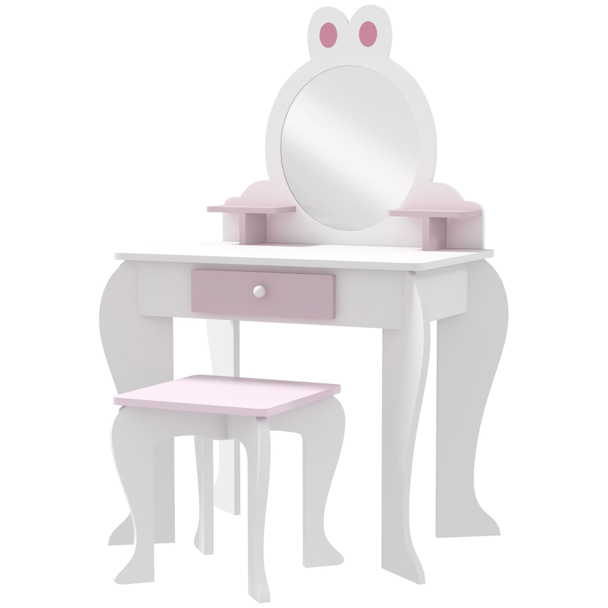 Bunny-Design Kids Dressing Table, with Mirror and Stool - White and Pink