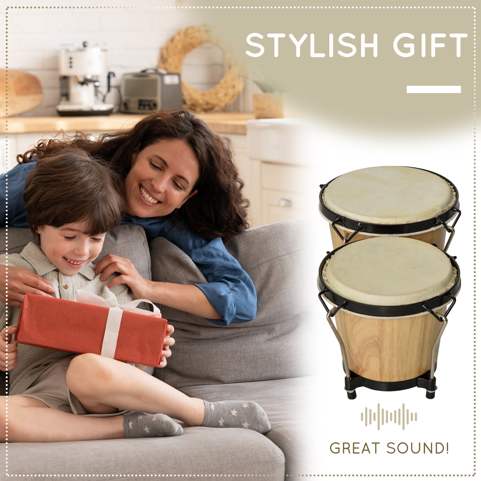 Wooden Bongo Drum Set w/ Sheepskin Drum Head, Percussion Instrument, 7.75" & 7" Drums, for Kids Adults, w/ Tuning Wrench