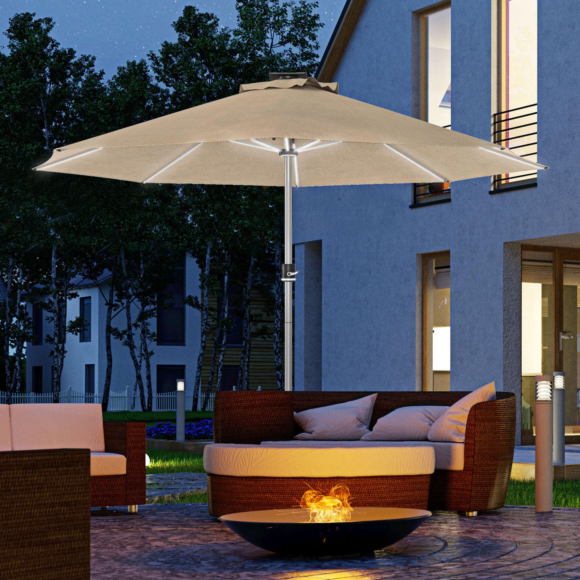 LED Patio Umbrella, Lighted Deck Umbrella with 4 Lighting Modes, Solar & USB Charging, Khaki