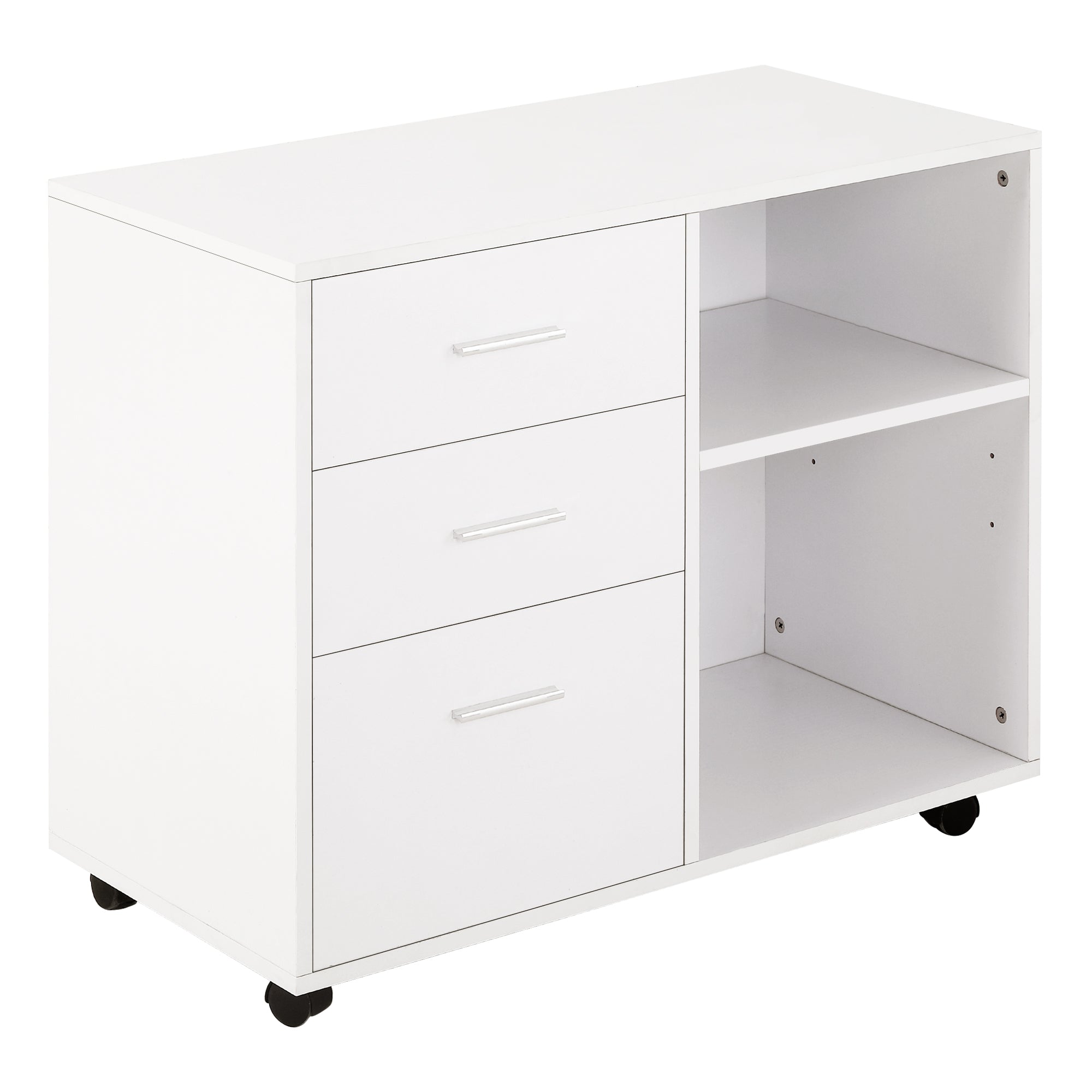 Freestanding Printer Stand Unit Office Desk Side Mobile Storage w/ Wheels 3 Drawers, 2 Open Shelves Modern Style 80L x 40W x 65H cm - White