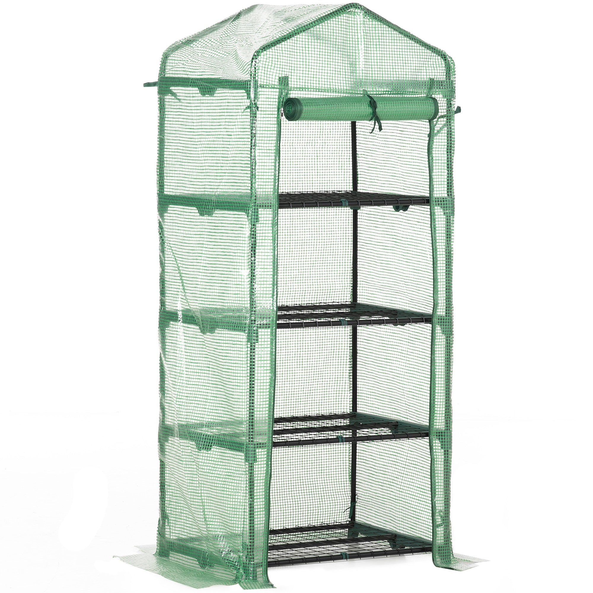 4 Tier Mini Greenhouse, Portable Green House with Steel Frame, PE Cover, Roll-up Door, 70 x 50 x 160 cm, Green