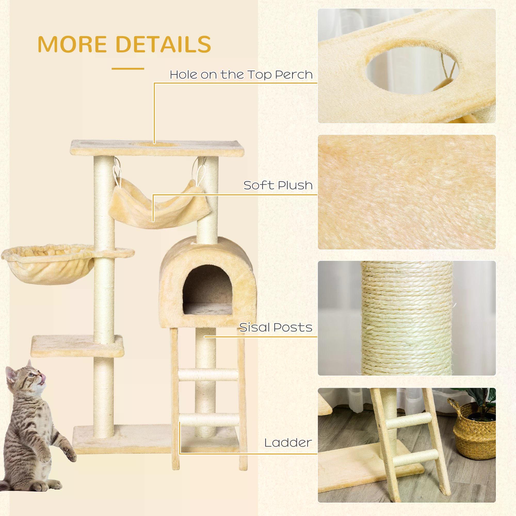 Cat Tree Tower Kitten Activity Centre Scratching Post w/ Hammock Condo Bed Basket Ladder 98 cm, Beige