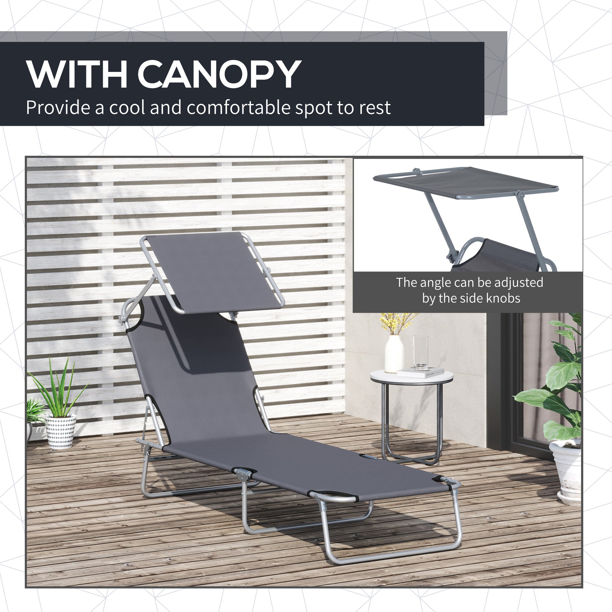 2 Pcs Outdoor Foldable Sun Lounger Set w/ Removeable Shade Canopy, Patio Recliner Sun Lounger w/ Adjustable Backrest w/ Mesh Fabric, Grey