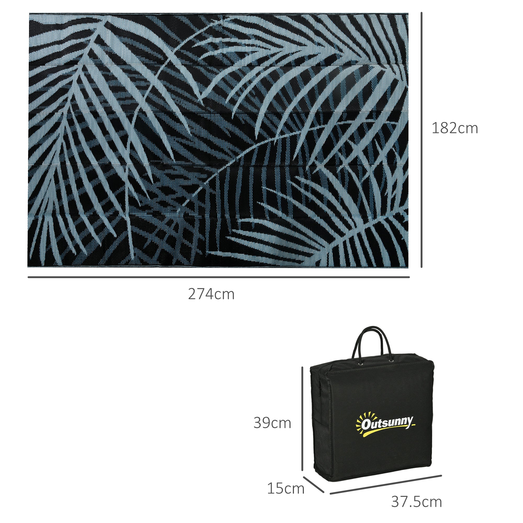 Plastic Straw Reversible RV Outdoor Rug with Carry Bag, 182 x 274cm, Blue and Black