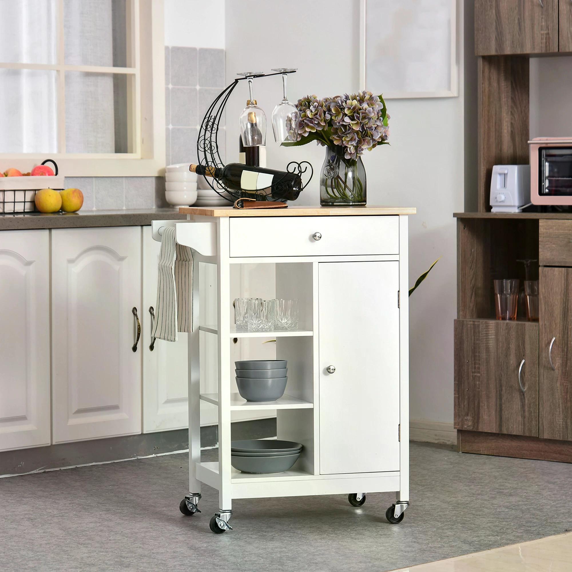 Kitchen Storage Trolley Unit w/ Wood Top 3 Shelves Cupboard Drawer Rail 4 Wheels Handles Moving Shelf Handy Spacesaver White