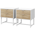Modern Bedside Table Set with 2 Drawers and Metal Frame, Sofa Side Table for Bedroom Living Room - White and Oak